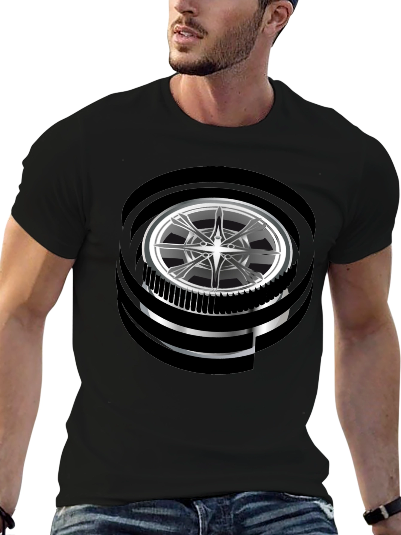Modern Graphic Wheel Design Black T-Shirt