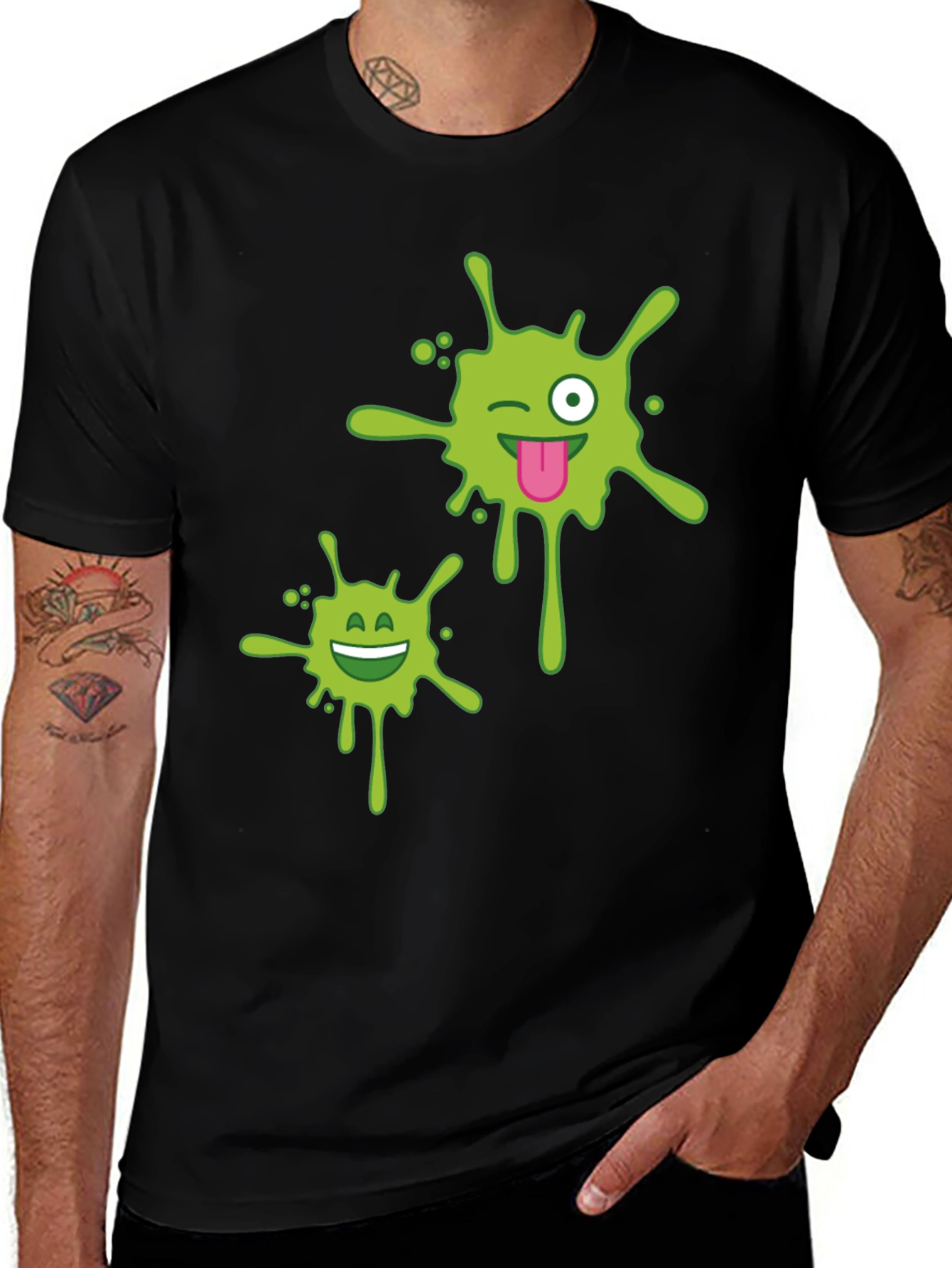 Mens Black T-shirt with Green Splatter Graphic
