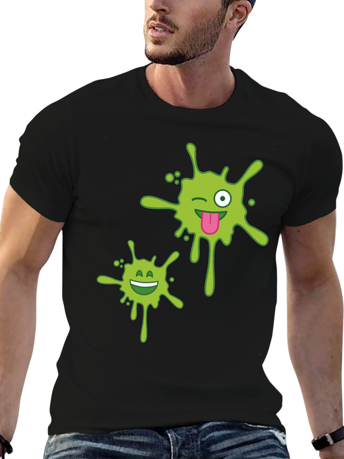 Mens Black T-shirt with Green Splatter Graphic