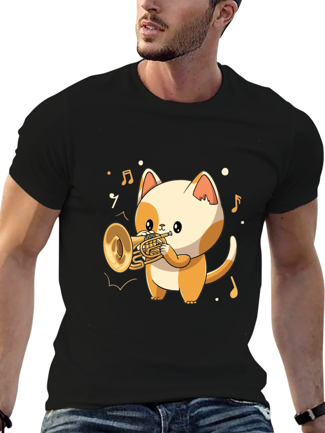 Musical Cat T-Shirt - Trumpet Playing Kitten Tee