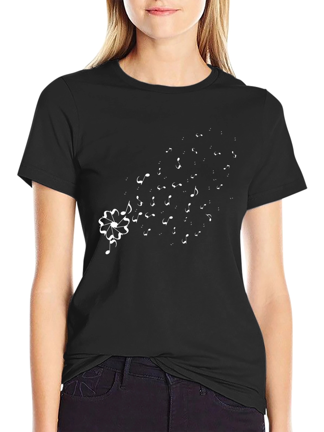 Musical Notes Flower Black T-Shirt