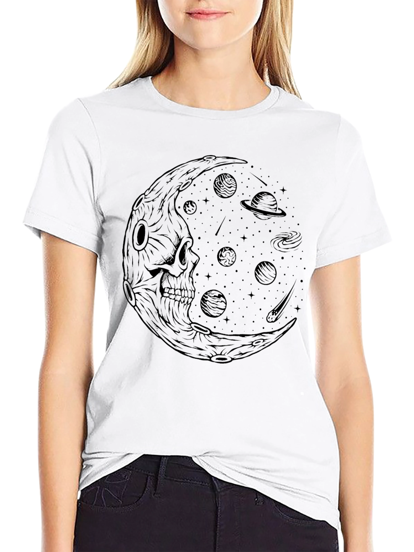Skull Moon Galaxy Graphic Tee - Black Cotton T-Shirt
