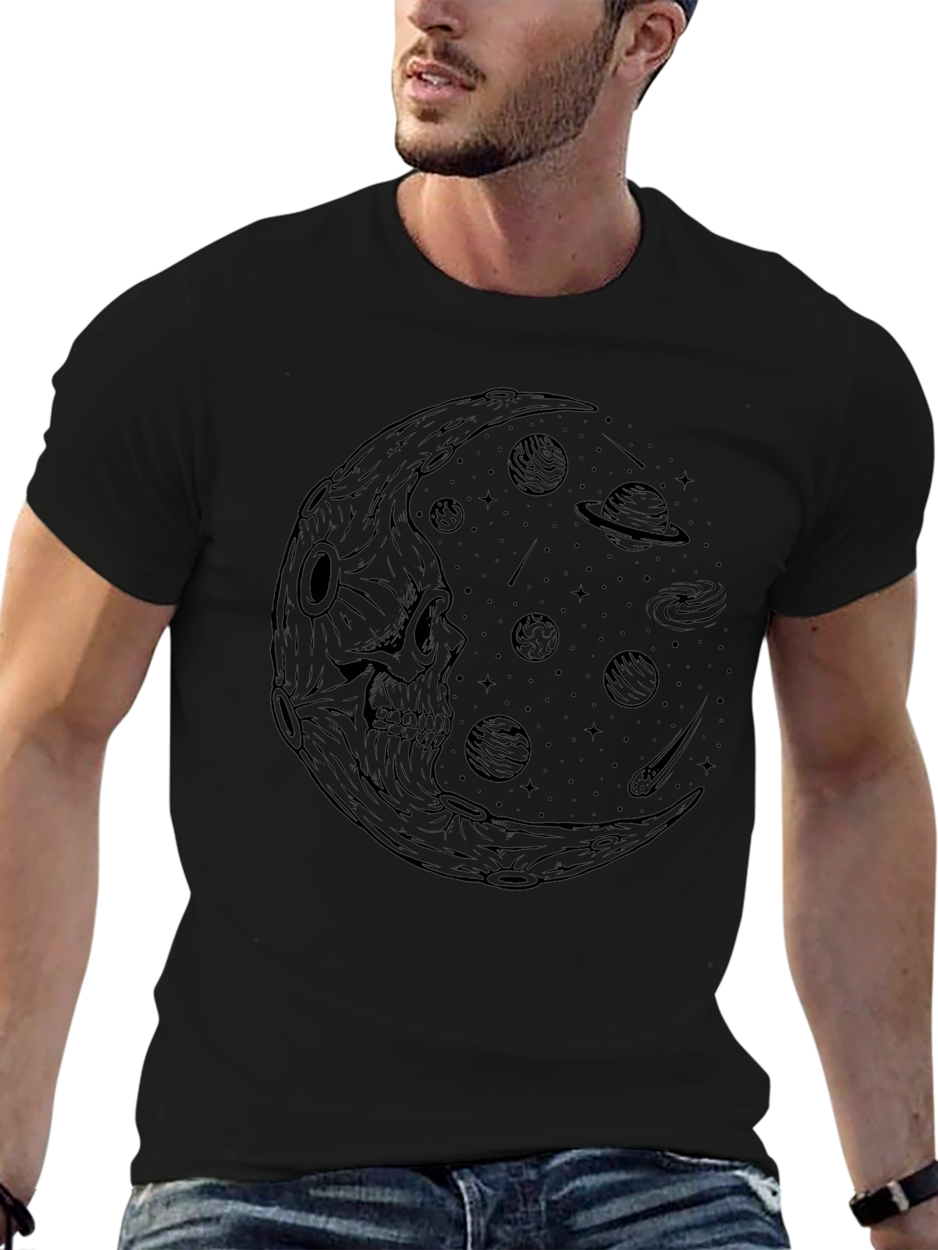 Skull Moon Galaxy Graphic Tee - Black Cotton T-Shirt