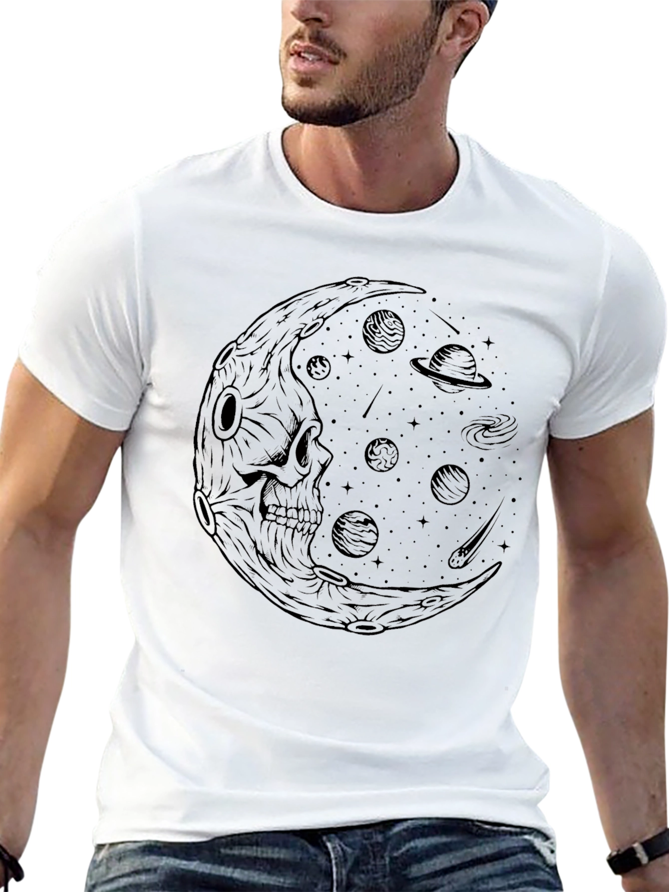 Skull Moon Galaxy Graphic Tee - Black Cotton T-Shirt