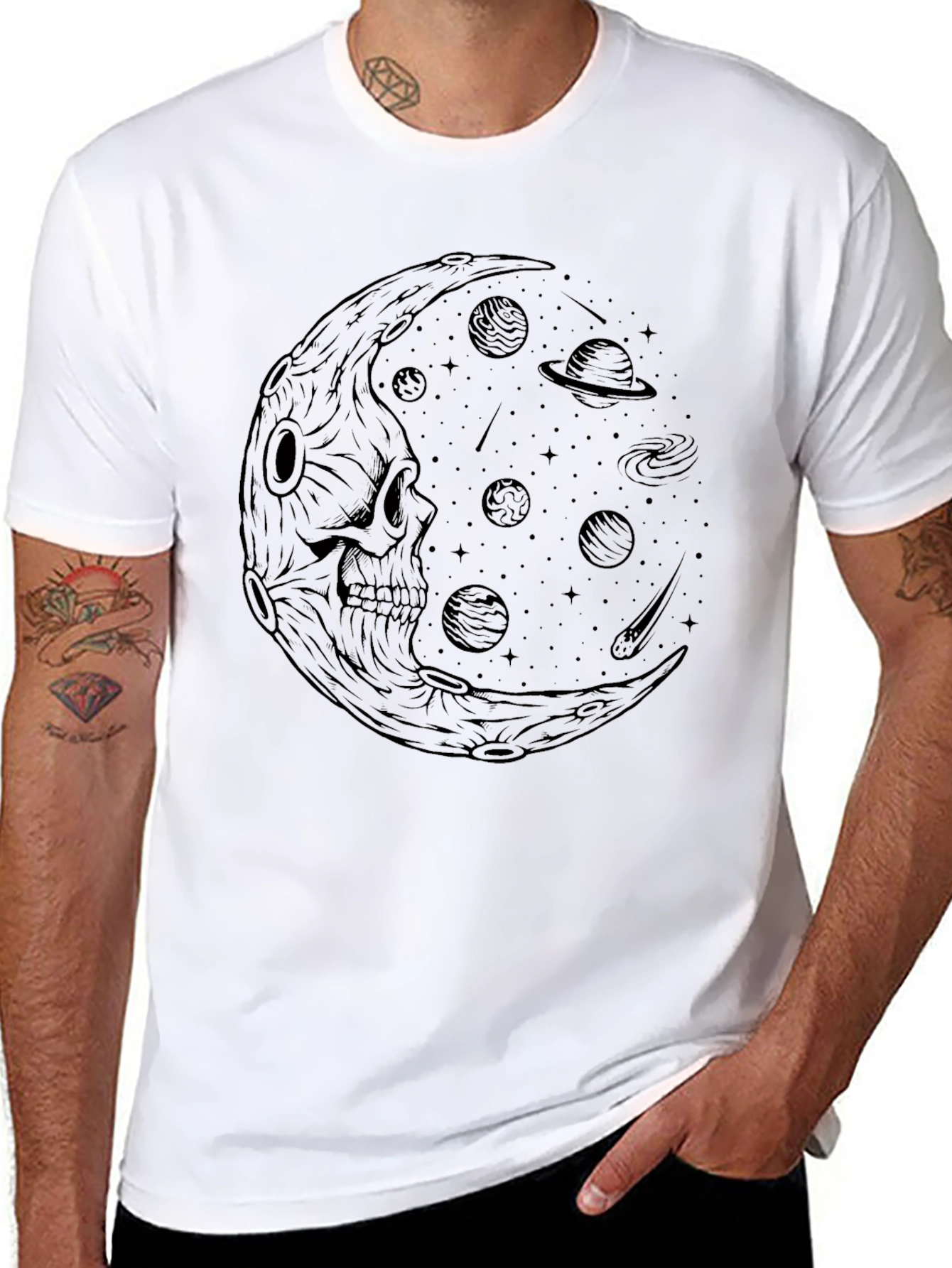 Skull Moon Galaxy Graphic Tee - Black Cotton T-Shirt