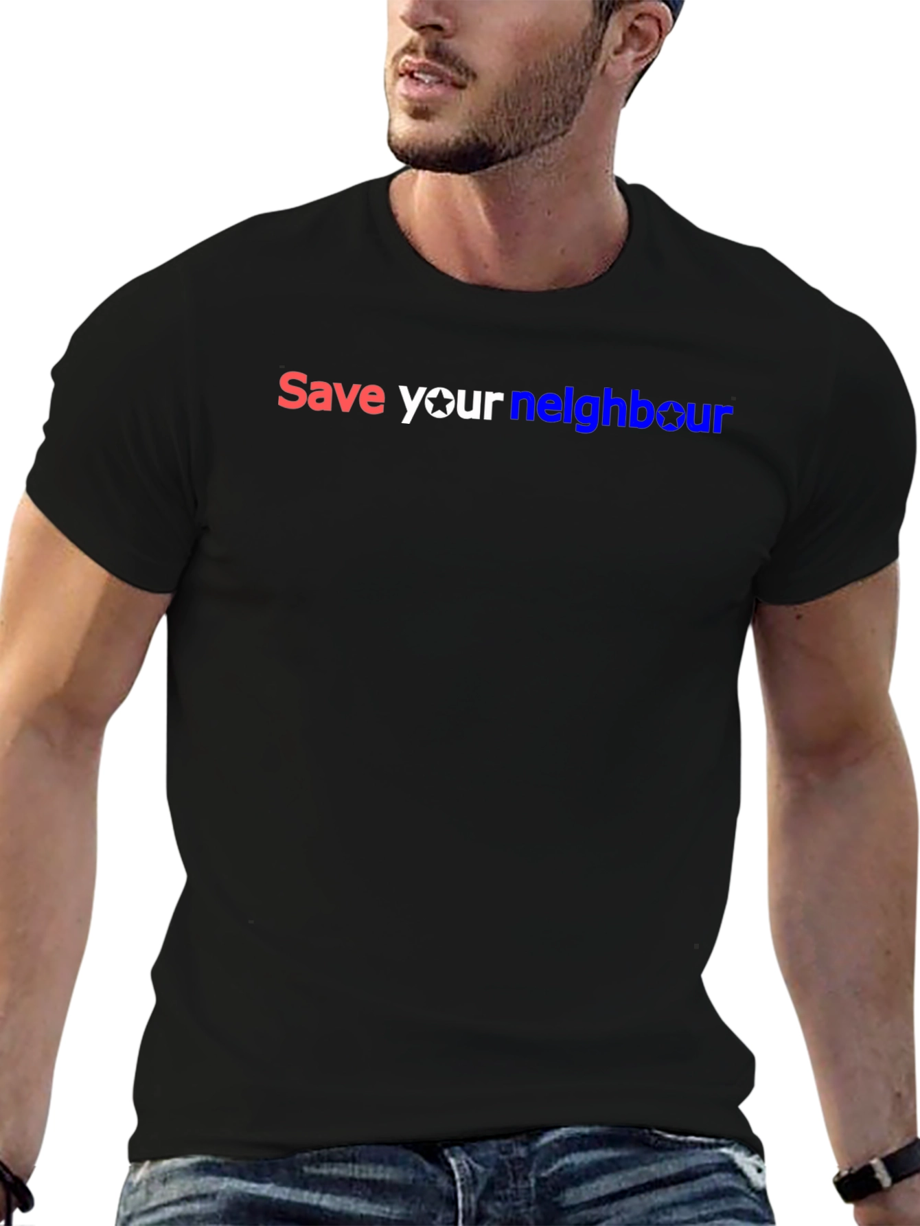 Save Your Neighbour Black Graphic T-Shirt