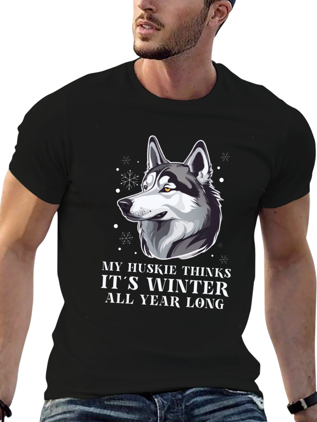 Husky Winter All Year Mens Black T-Shirt