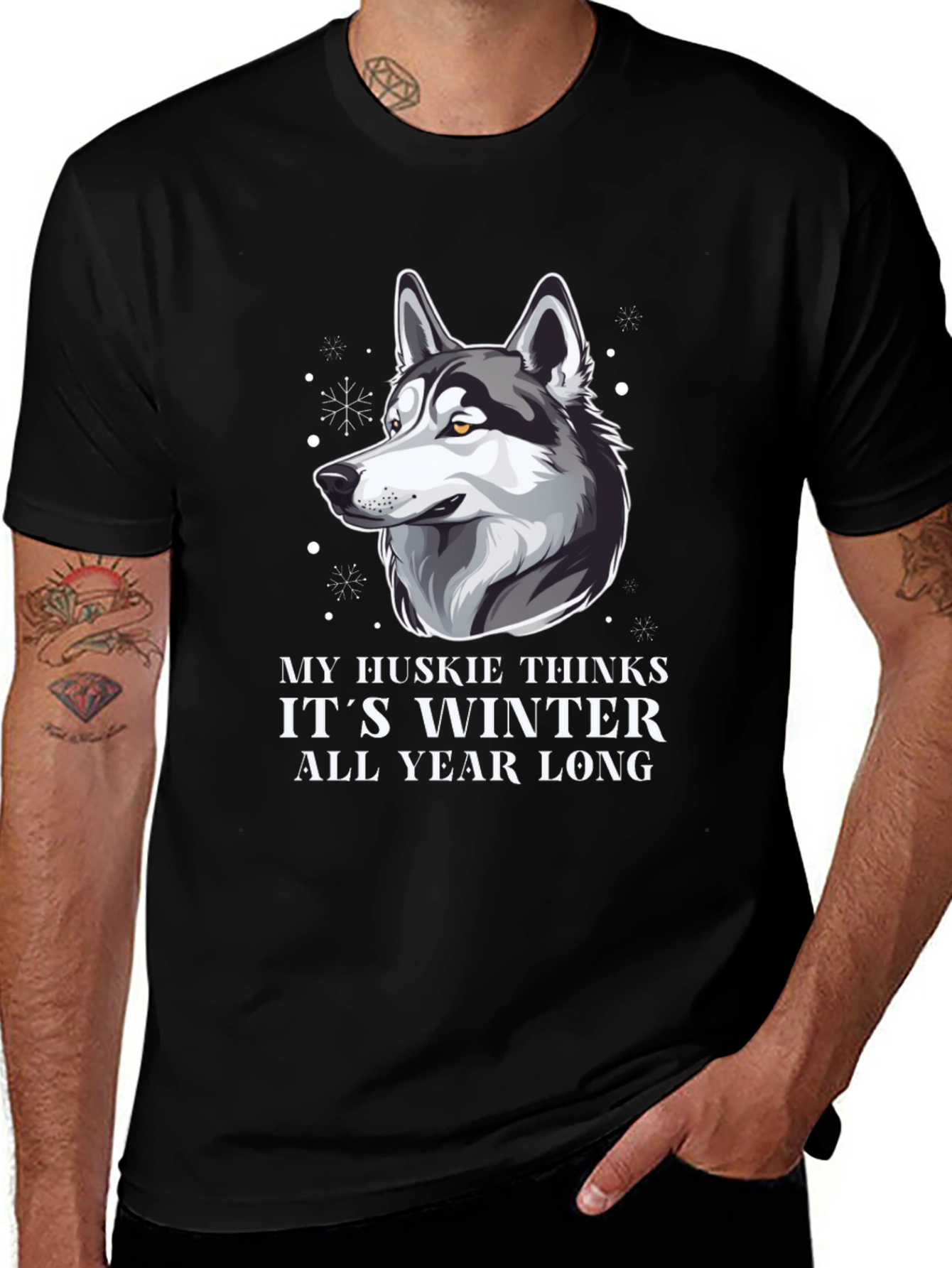 Husky Winter All Year Mens Black T-Shirt