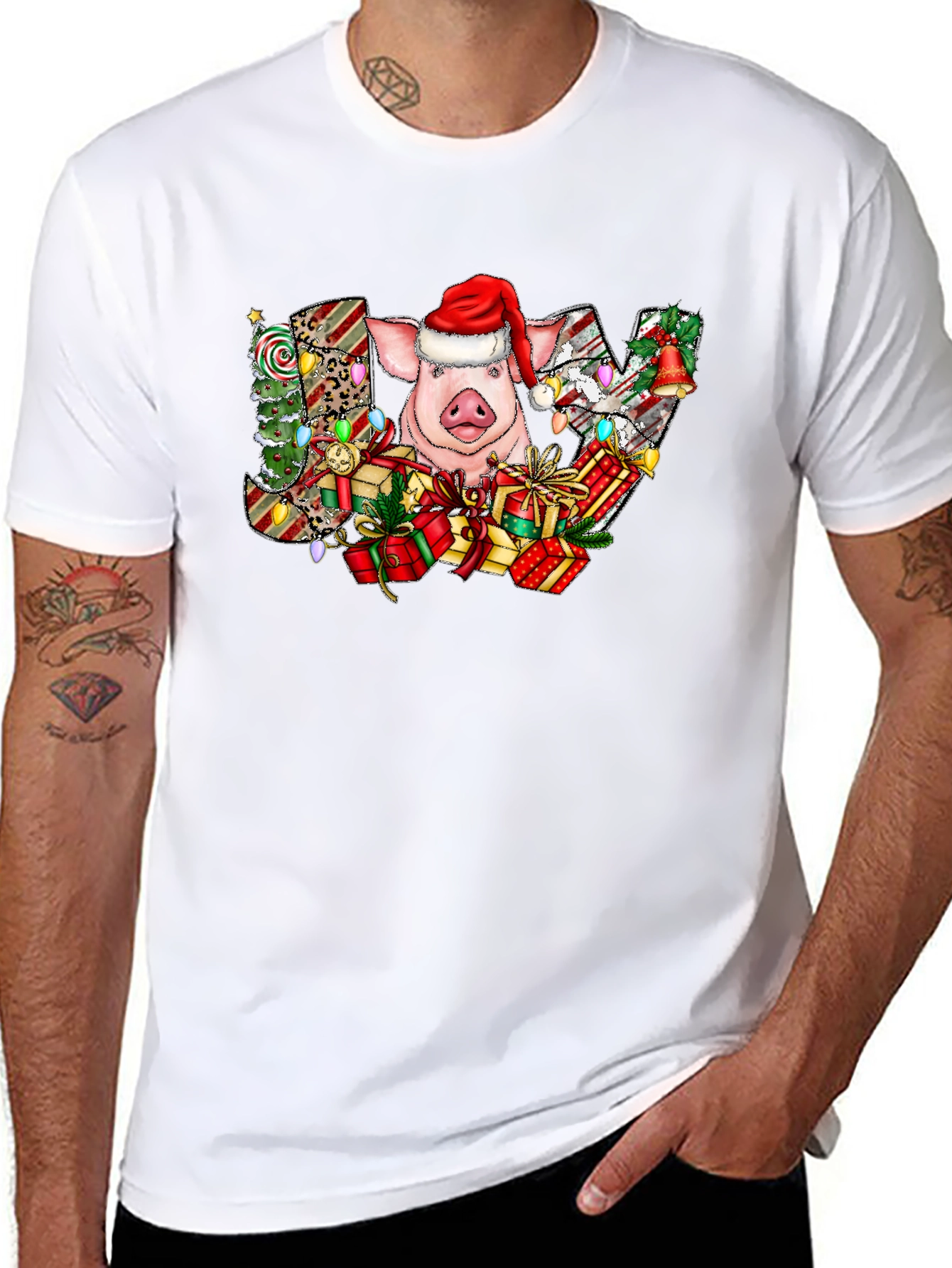 Joyful Pig in Santa Hat Graphic Tee