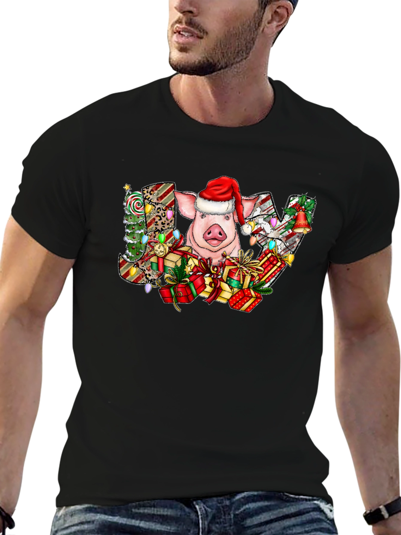 Joyful Pig in Santa Hat Graphic Tee