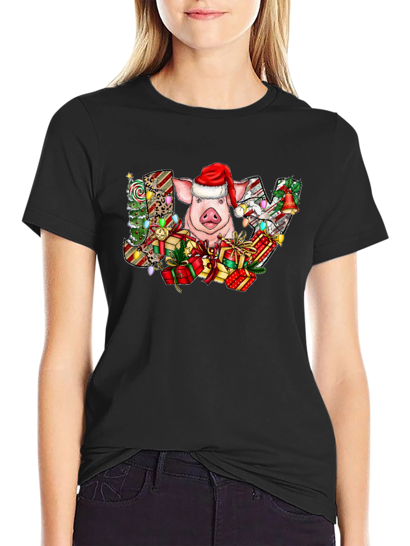 Joyful Pig in Santa Hat Graphic Tee
