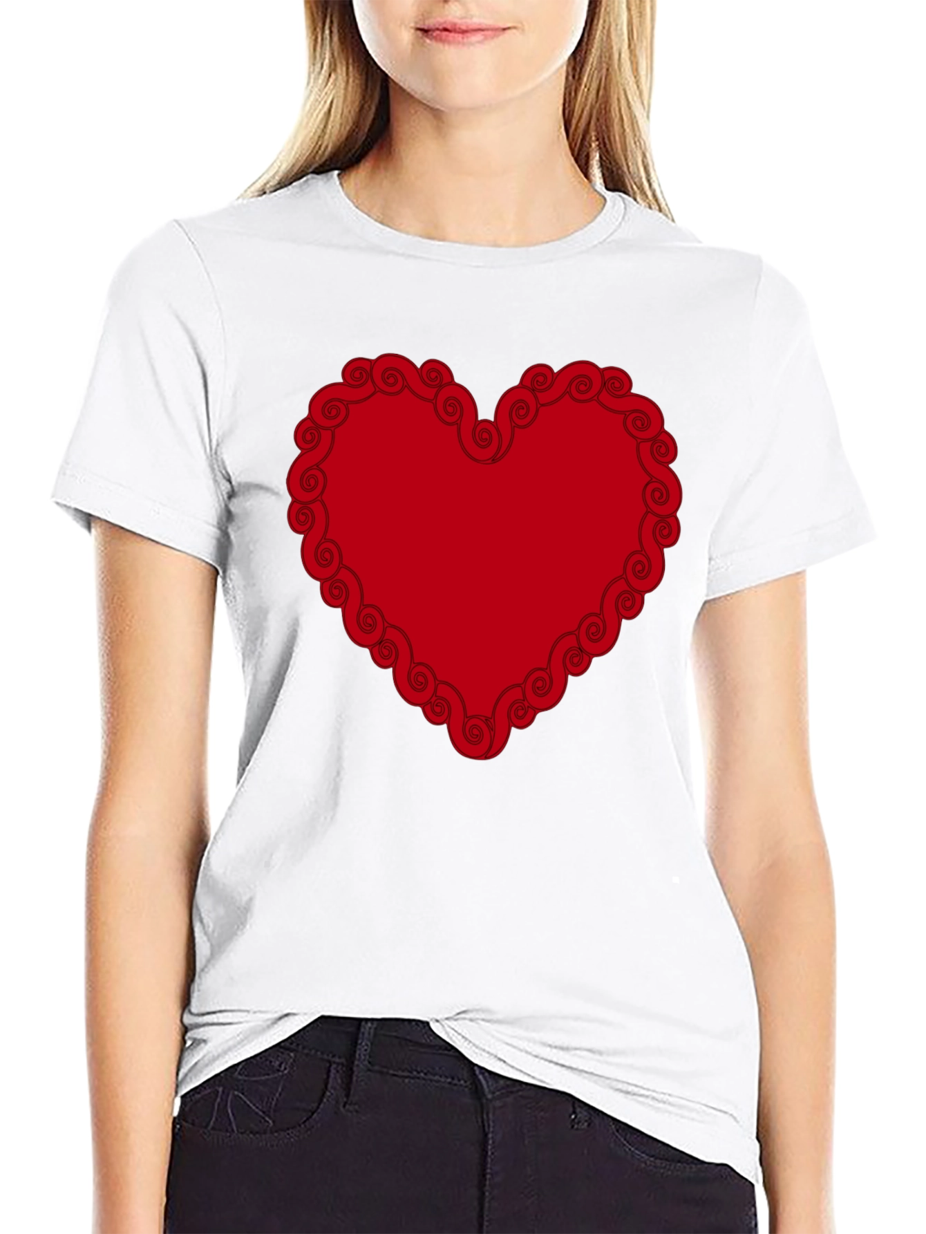 Red Heart Swirl Border Black T-Shirt
