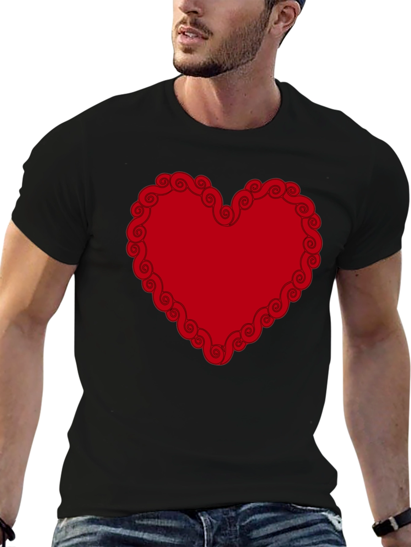 Red Heart Swirl Border Black T-Shirt