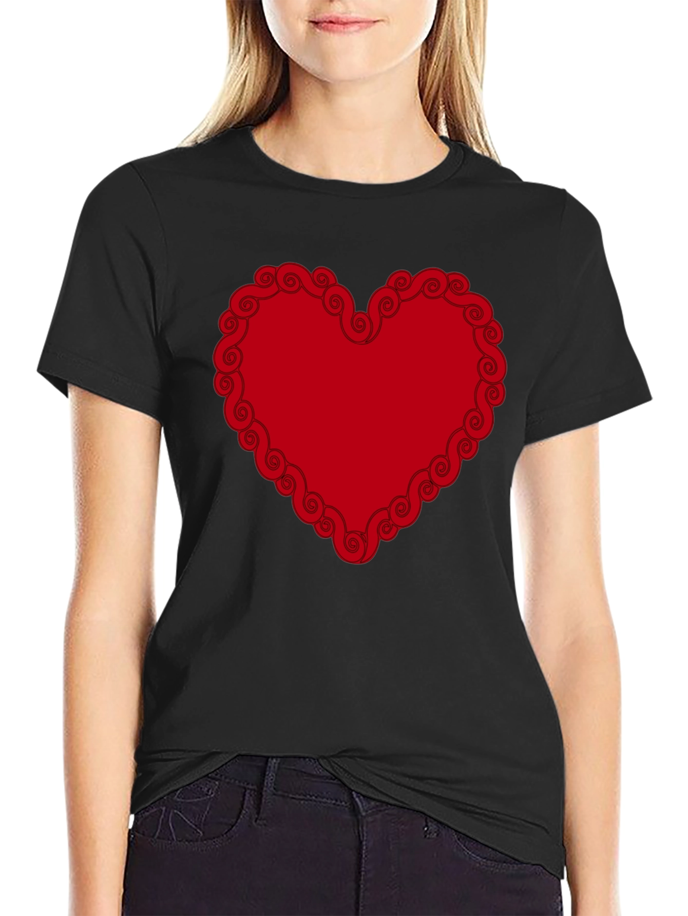 Red Heart Swirl Border Black T-Shirt