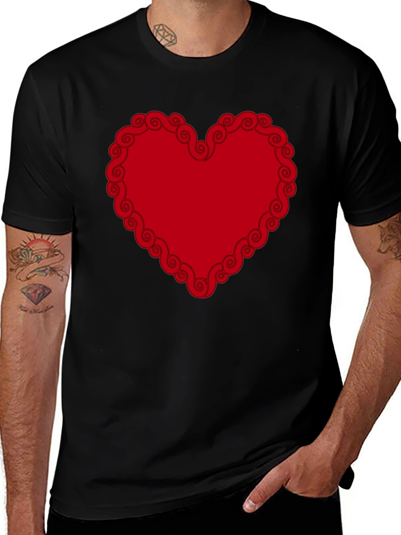 Red Heart Swirl Border Black T-Shirt