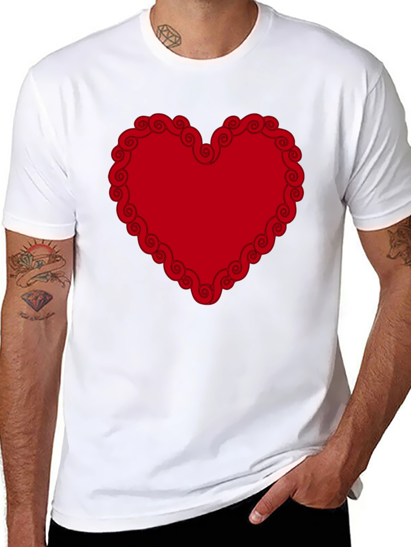 Red Heart Swirl Border Black T-Shirt