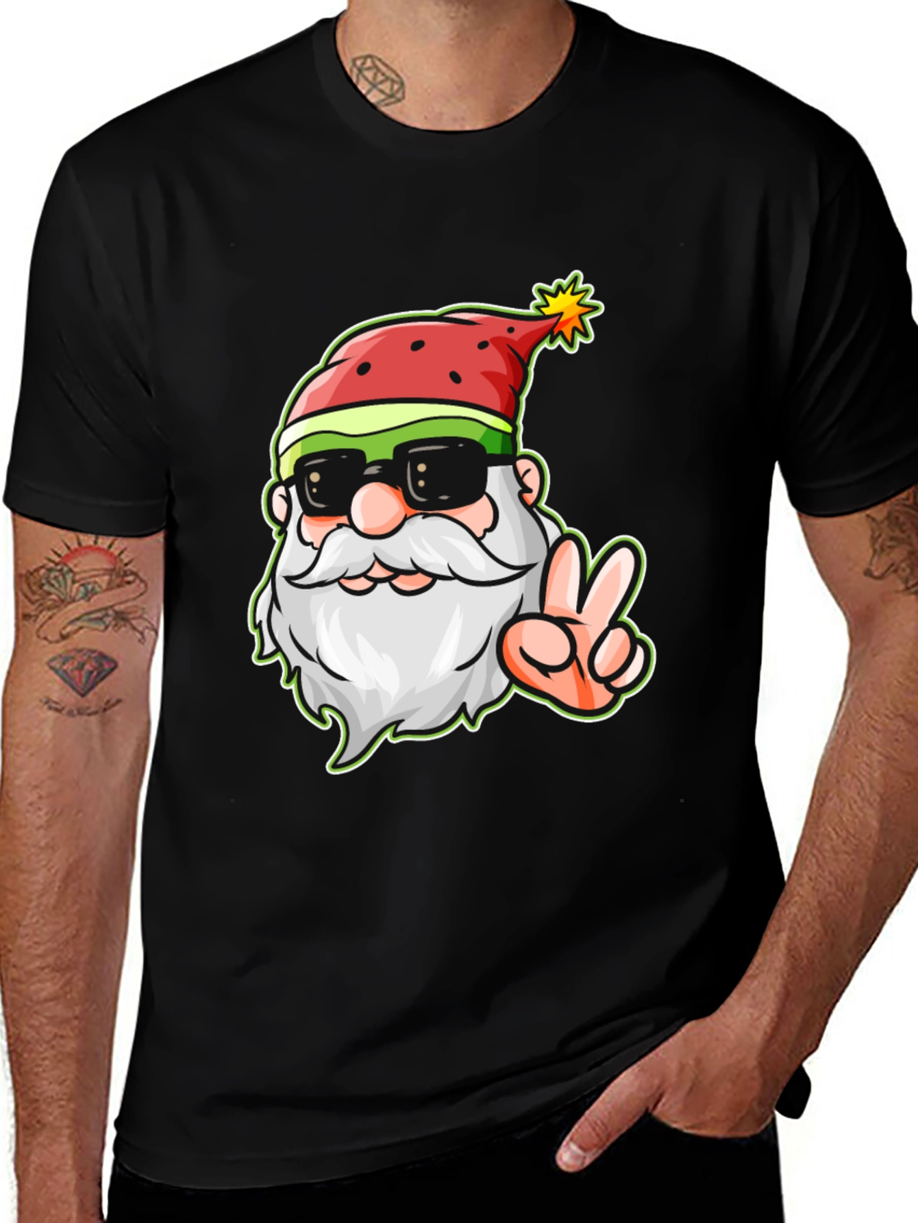 Cool Santa Peace Sign Black T-Shirt