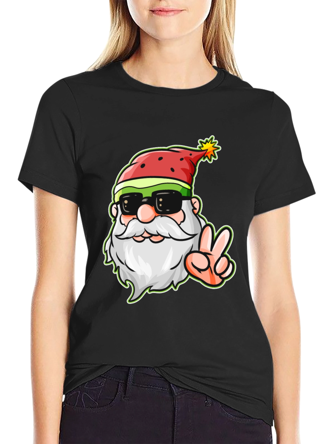 Cool Santa Peace Sign Black T-Shirt