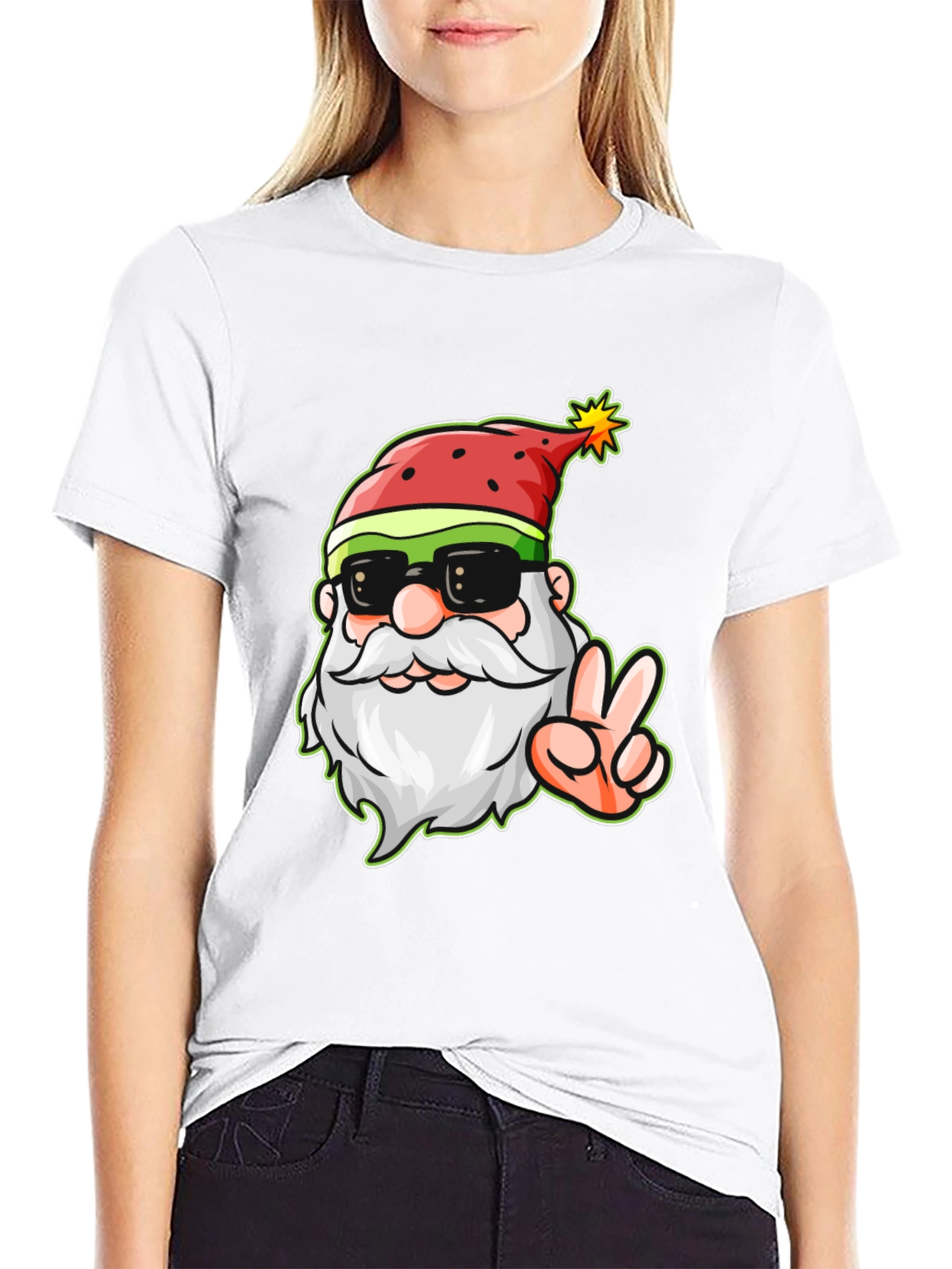 Cool Santa Peace Sign Black T-Shirt