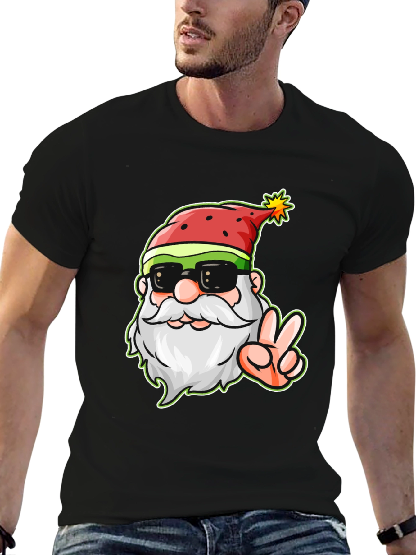 Cool Santa Peace Sign Black T-Shirt