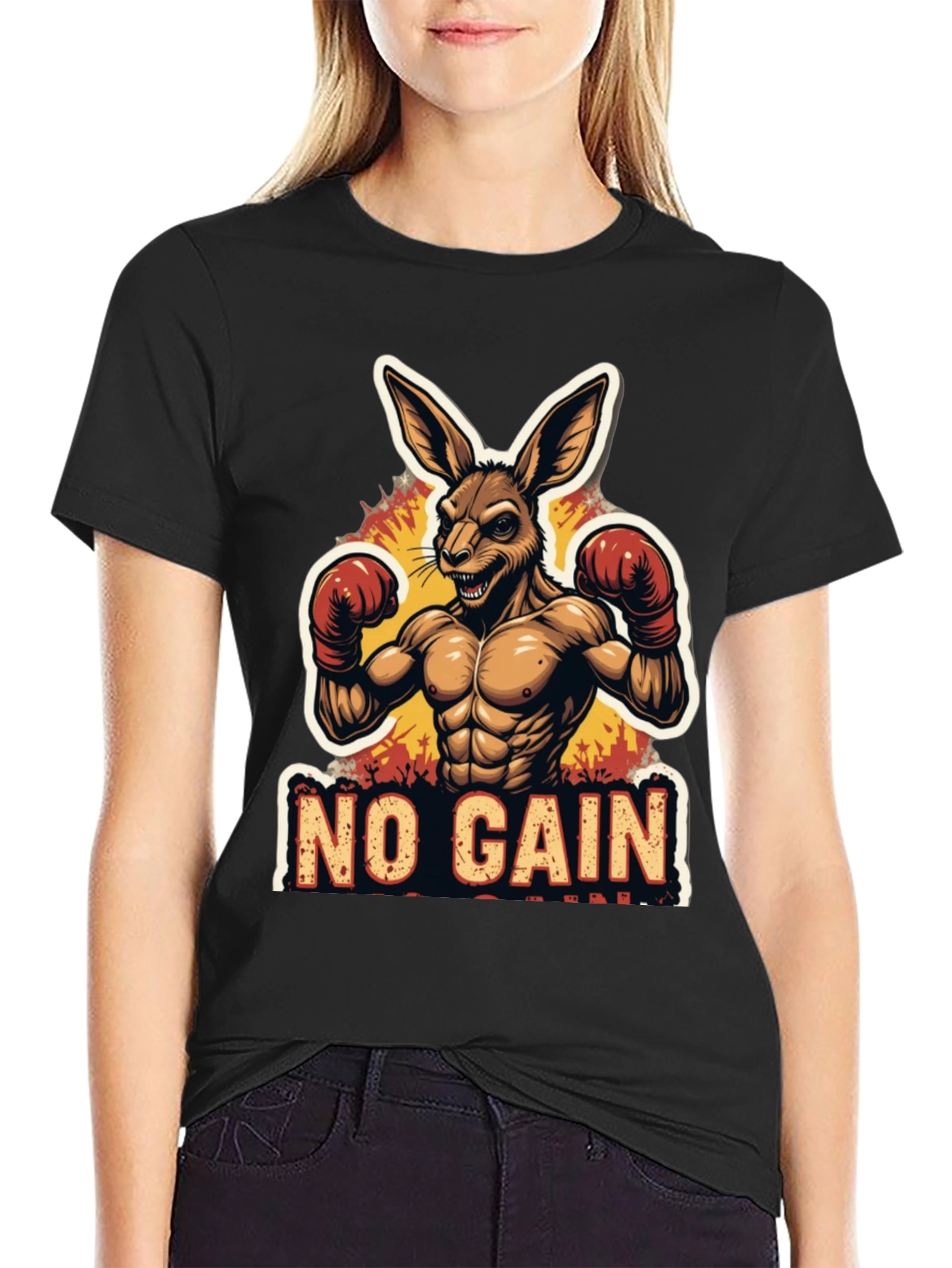 No Gain T-Shirt Kangaroo Boxer Design Black Tee