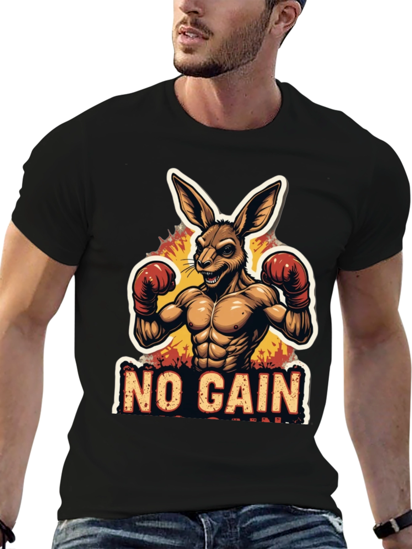 No Gain T-Shirt Kangaroo Boxer Design Black Tee