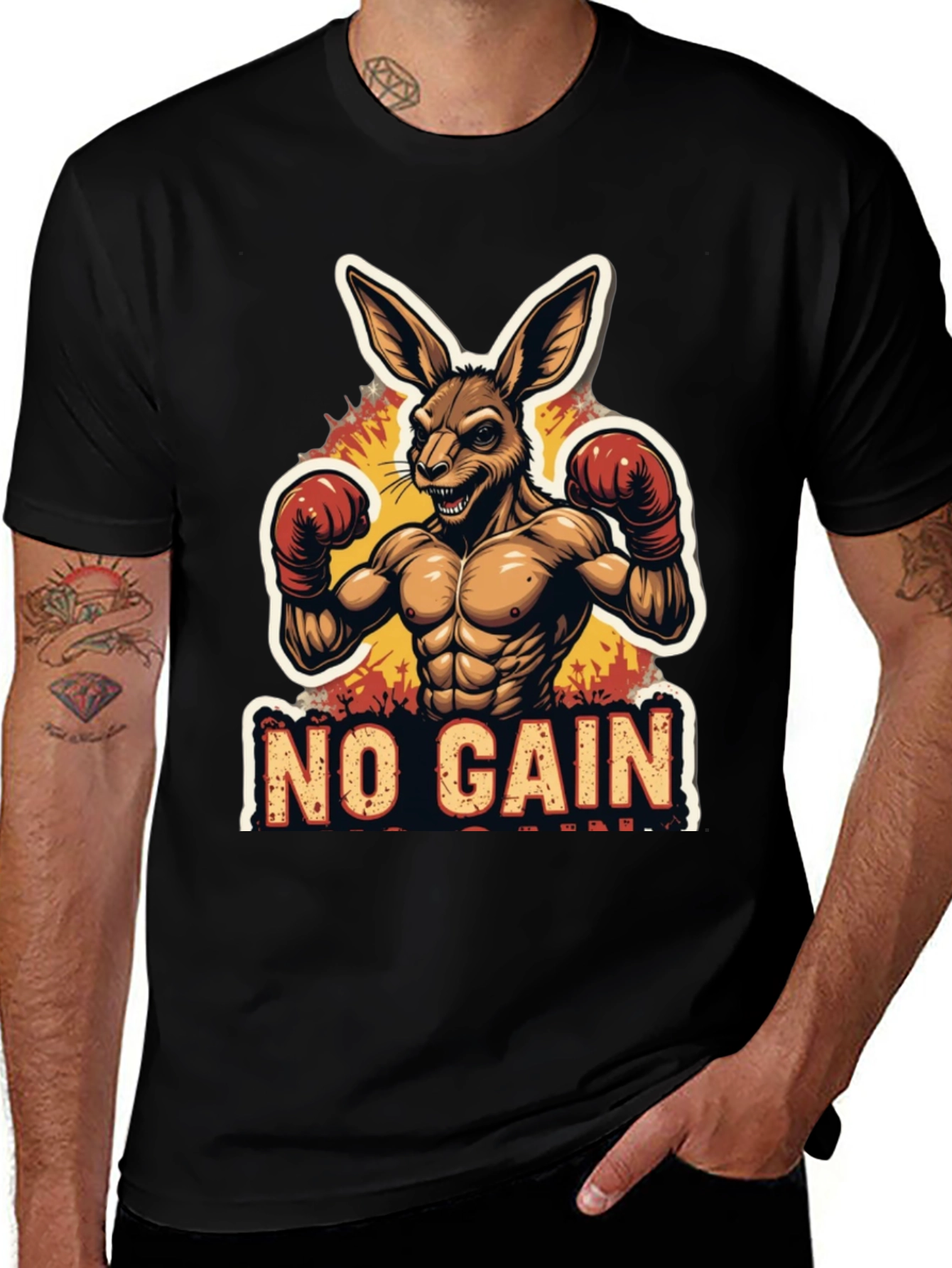 No Gain T-Shirt Kangaroo Boxer Design Black Tee