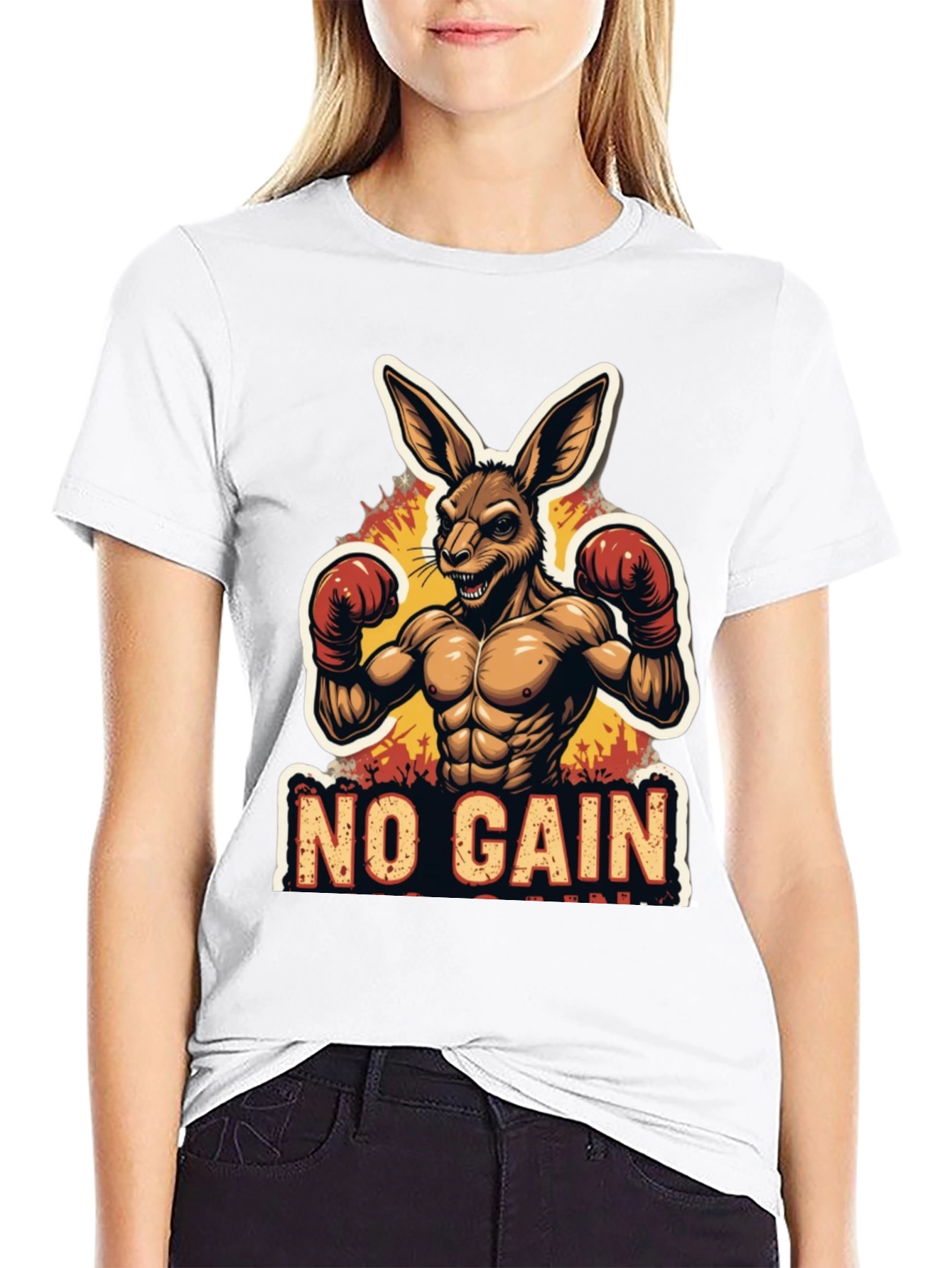 No Gain T-Shirt Kangaroo Boxer Design Black Tee