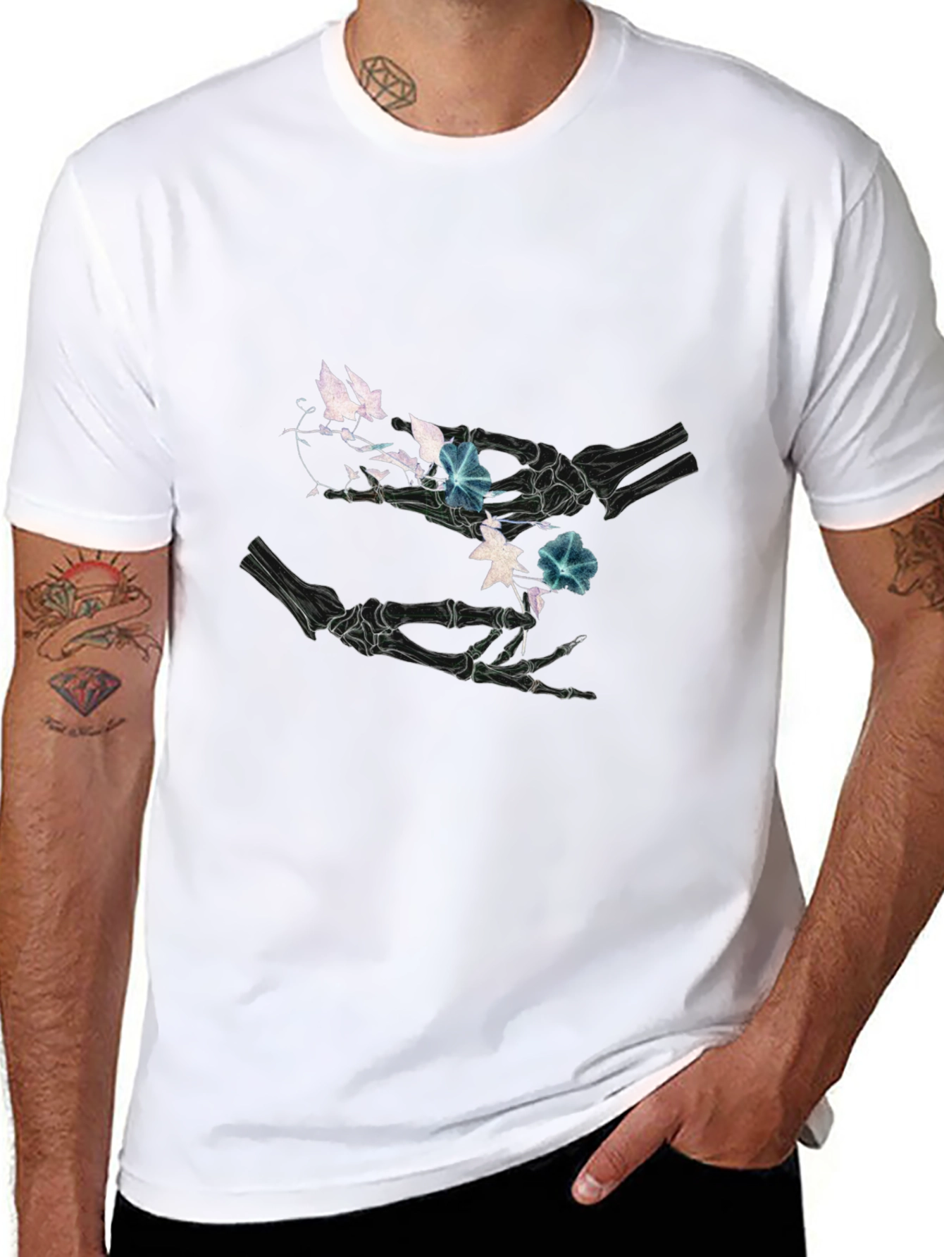 Floral Skeleton Hands Graphic Black T-Shirt