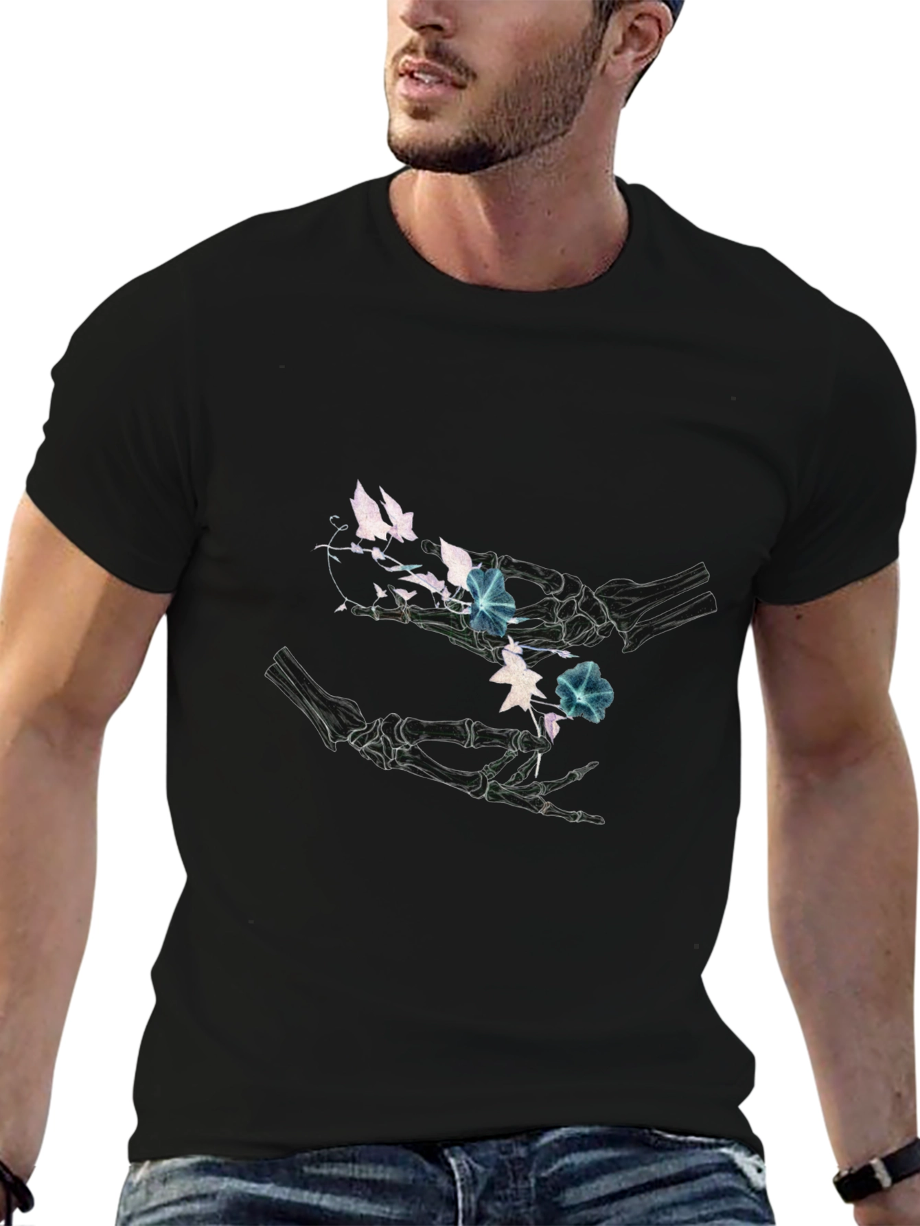 Floral Skeleton Hands Graphic Black T-Shirt