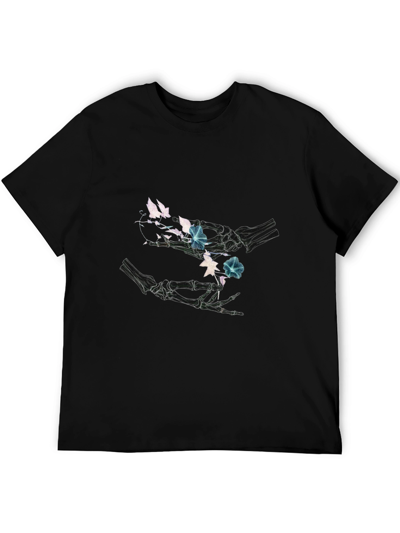 Floral Skeleton Hands Graphic Black T-Shirt