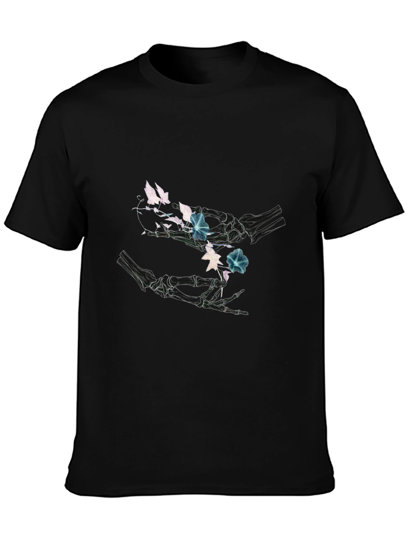 Floral Skeleton Hands Graphic Black T-Shirt