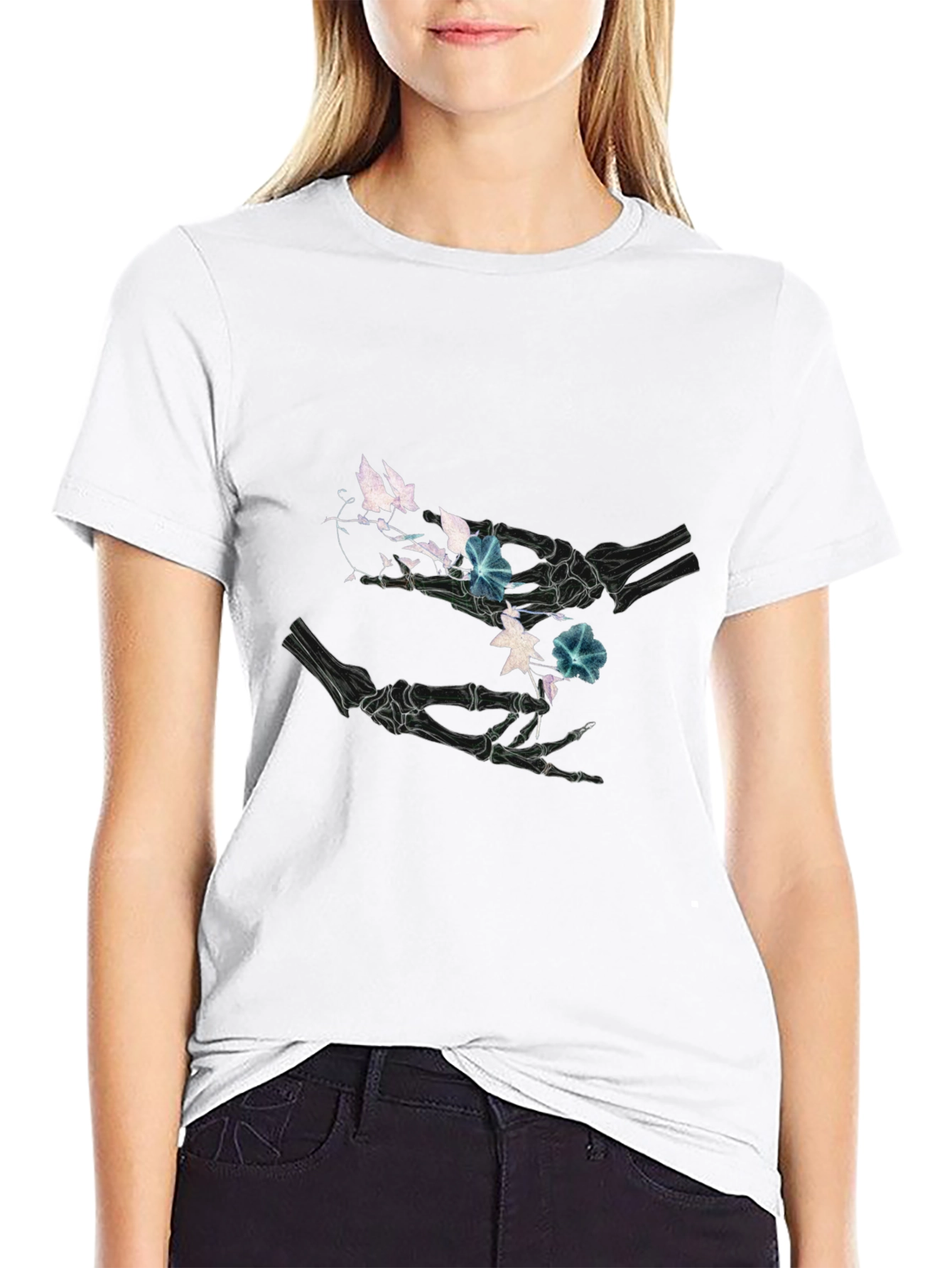 Floral Skeleton Hands Graphic Black T-Shirt