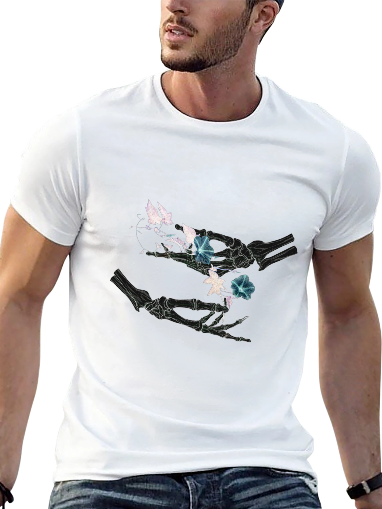 Floral Skeleton Hands Graphic Black T-Shirt
