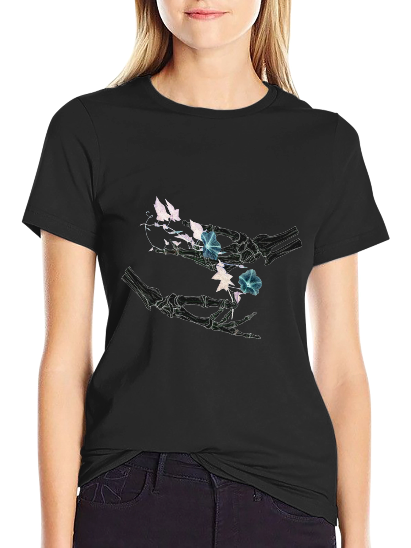 Floral Skeleton Hands Graphic Black T-Shirt