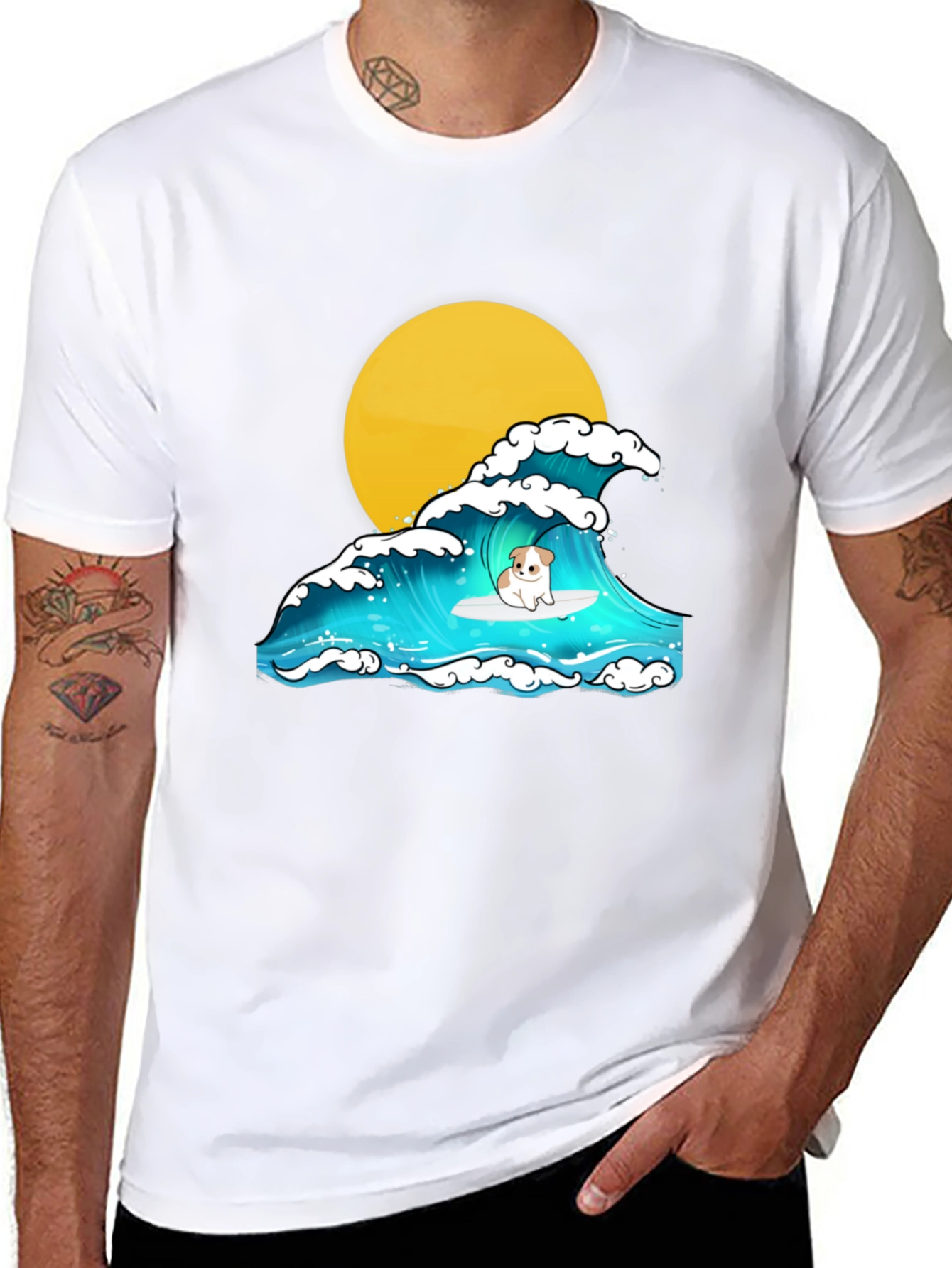 Surfing Dog Graphic Tee - Black Cotton T-Shirt