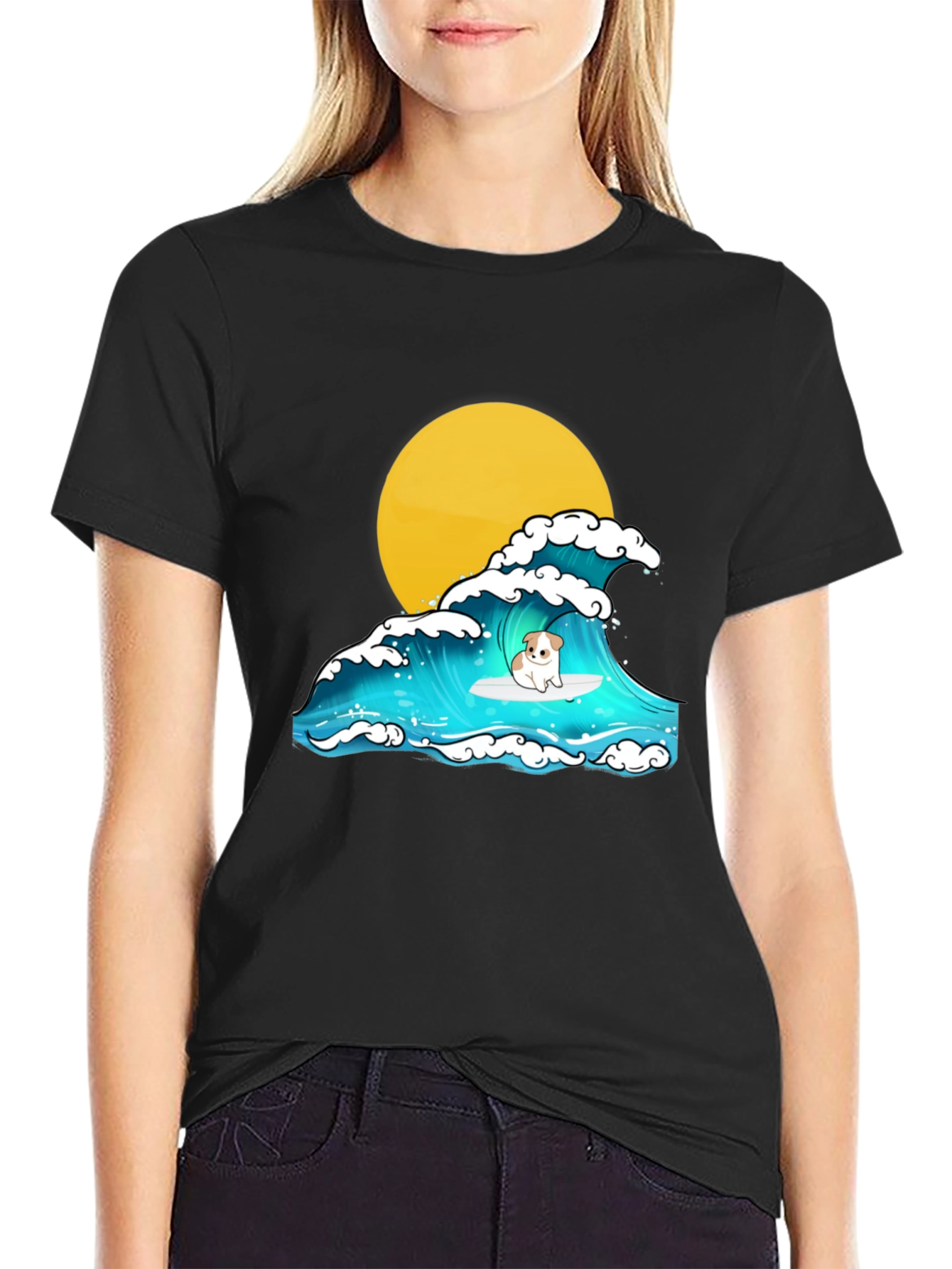 Surfing Dog Graphic Tee - Black Cotton T-Shirt