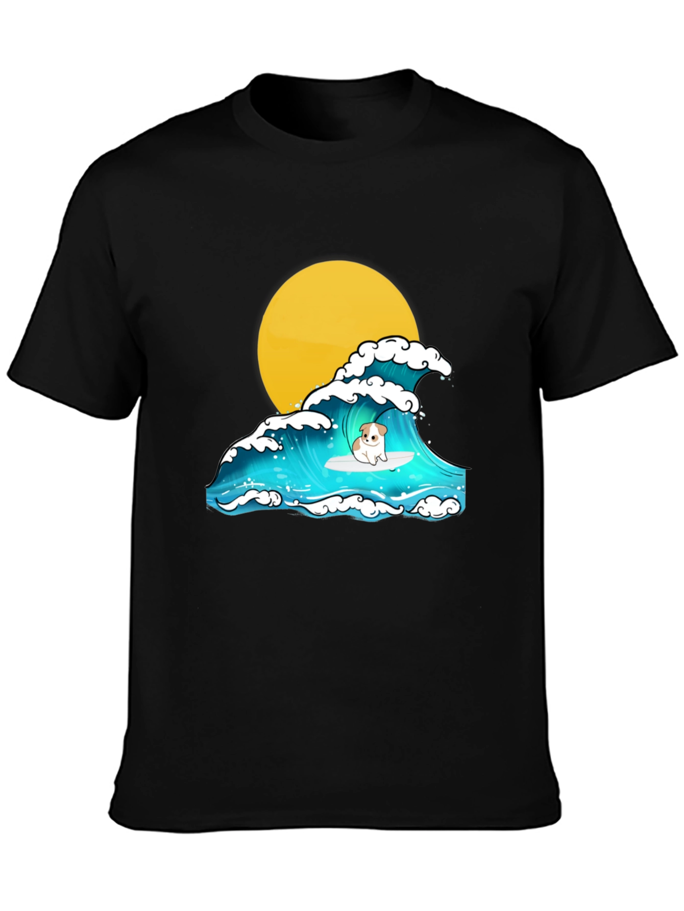 Surfing Dog Graphic Tee - Black Cotton T-Shirt