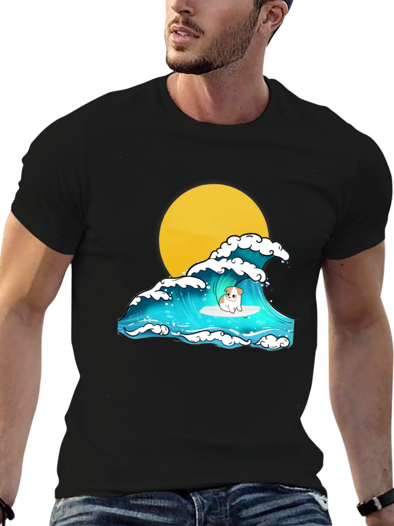 Surfing Dog Graphic Tee - Black Cotton T-Shirt