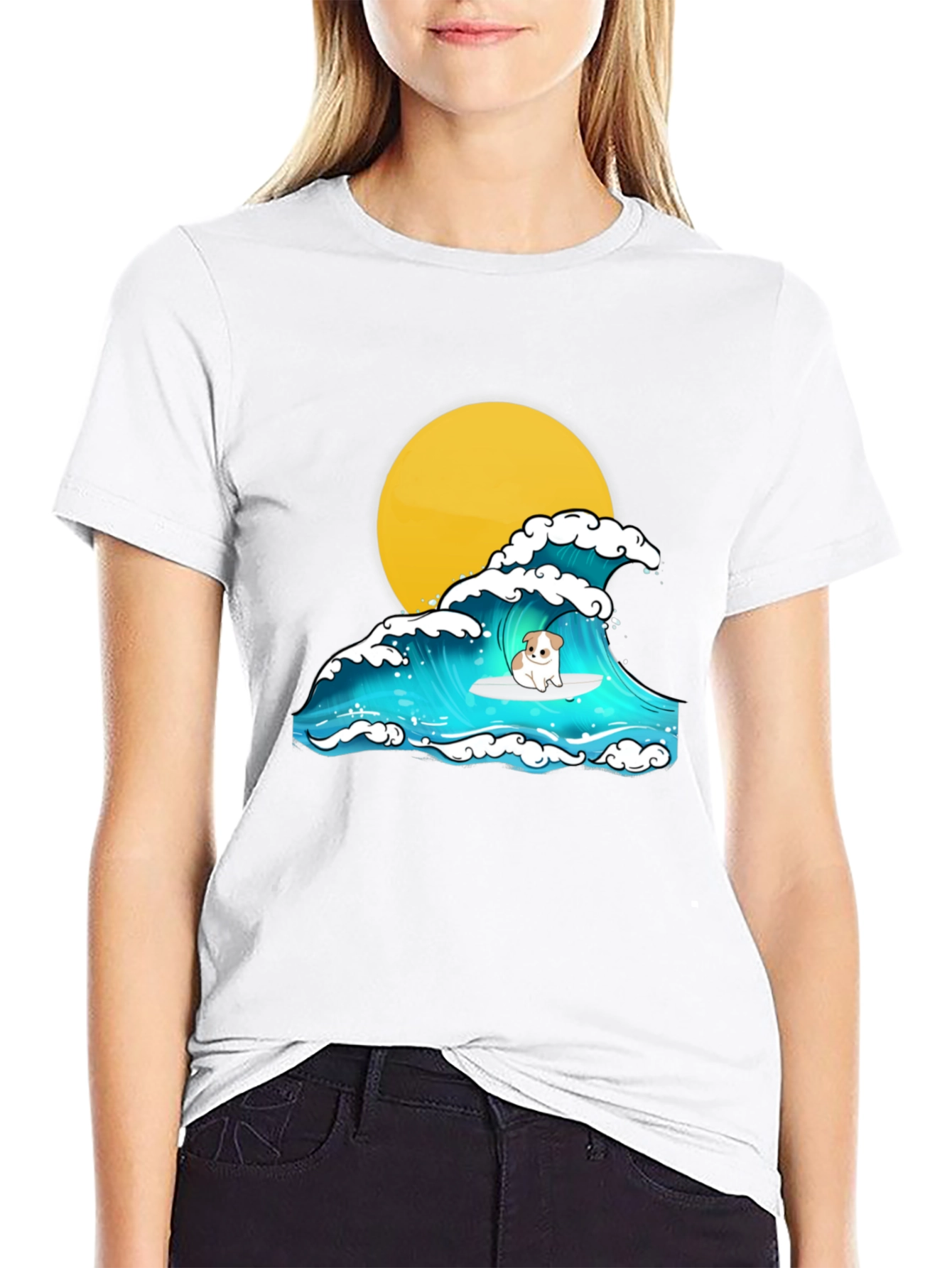 Surfing Dog Graphic Tee - Black Cotton T-Shirt