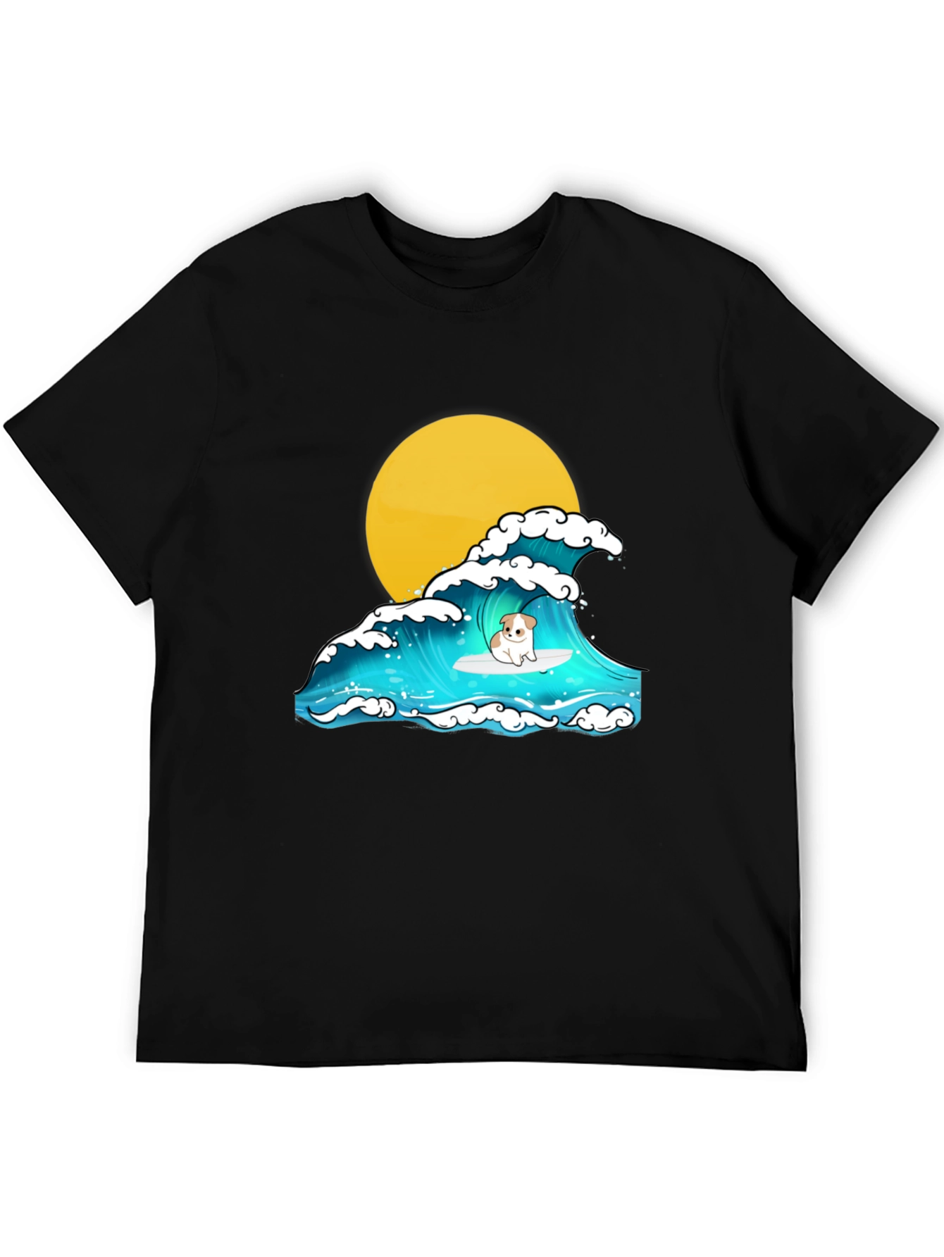 Surfing Dog Graphic Tee - Black Cotton T-Shirt