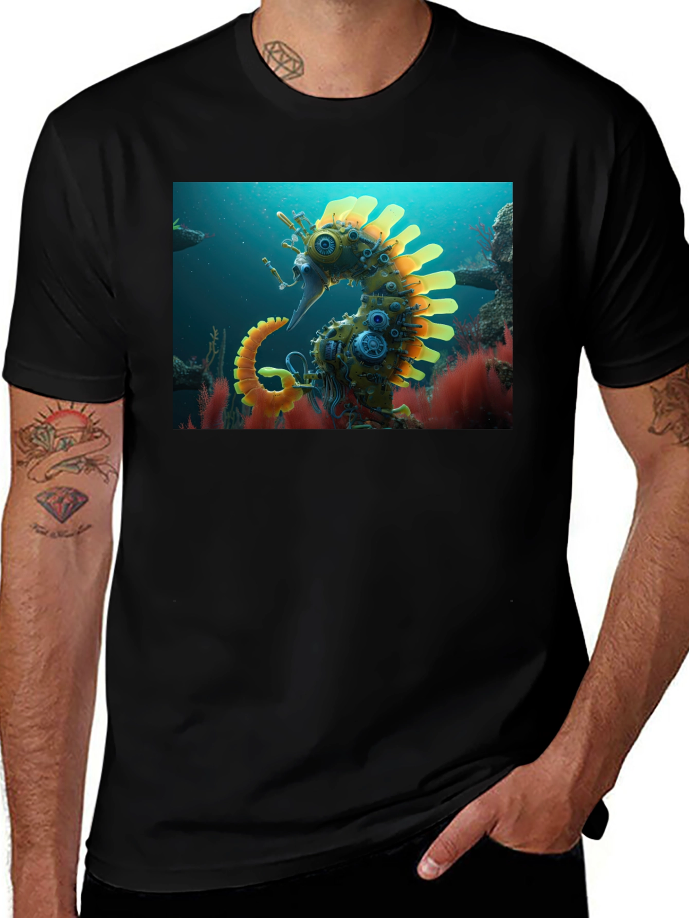 Steampunk Seahorse Graphic Tee - Unique Art Shirt