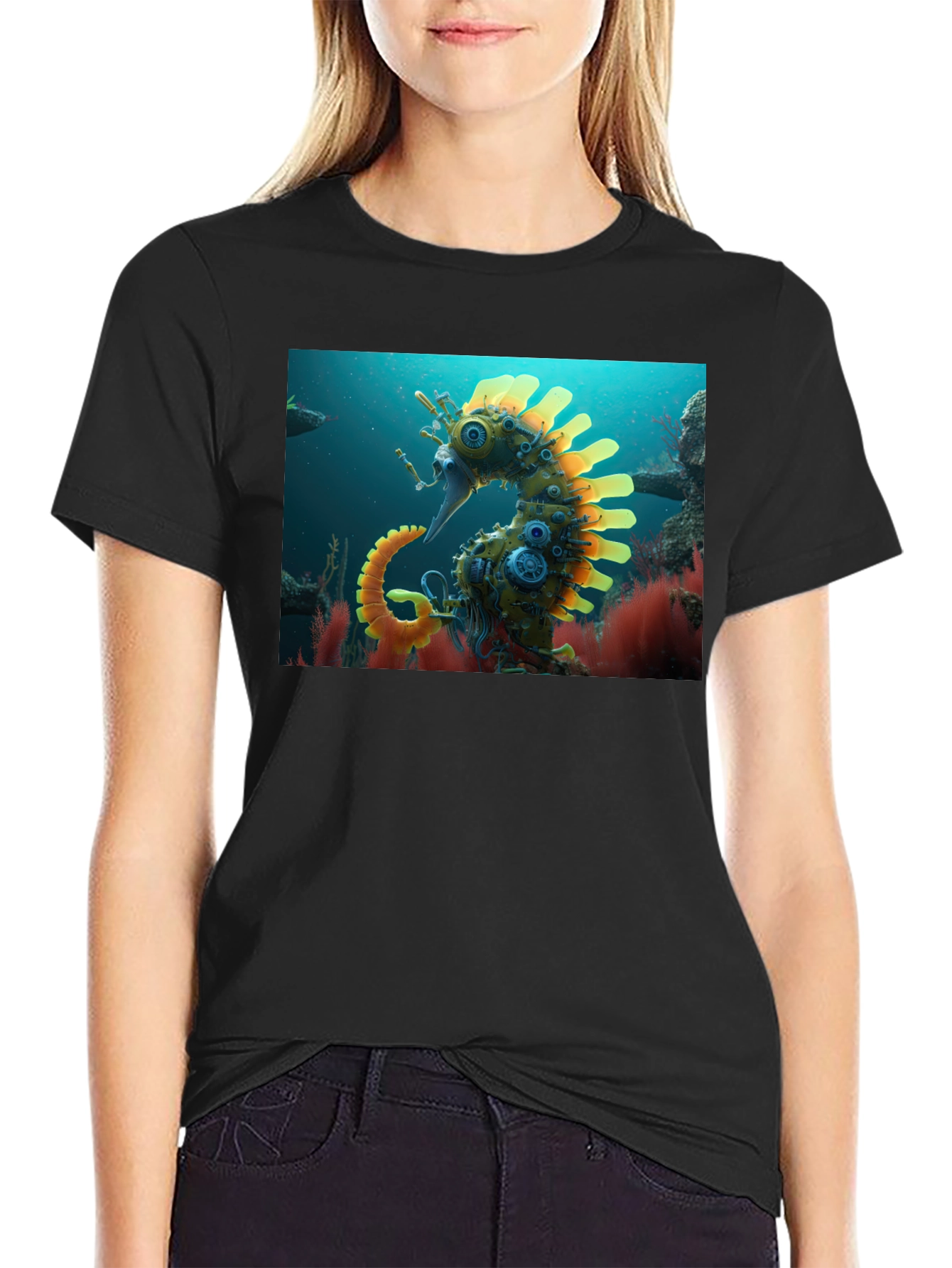 Steampunk Seahorse Graphic Tee - Unique Art Shirt