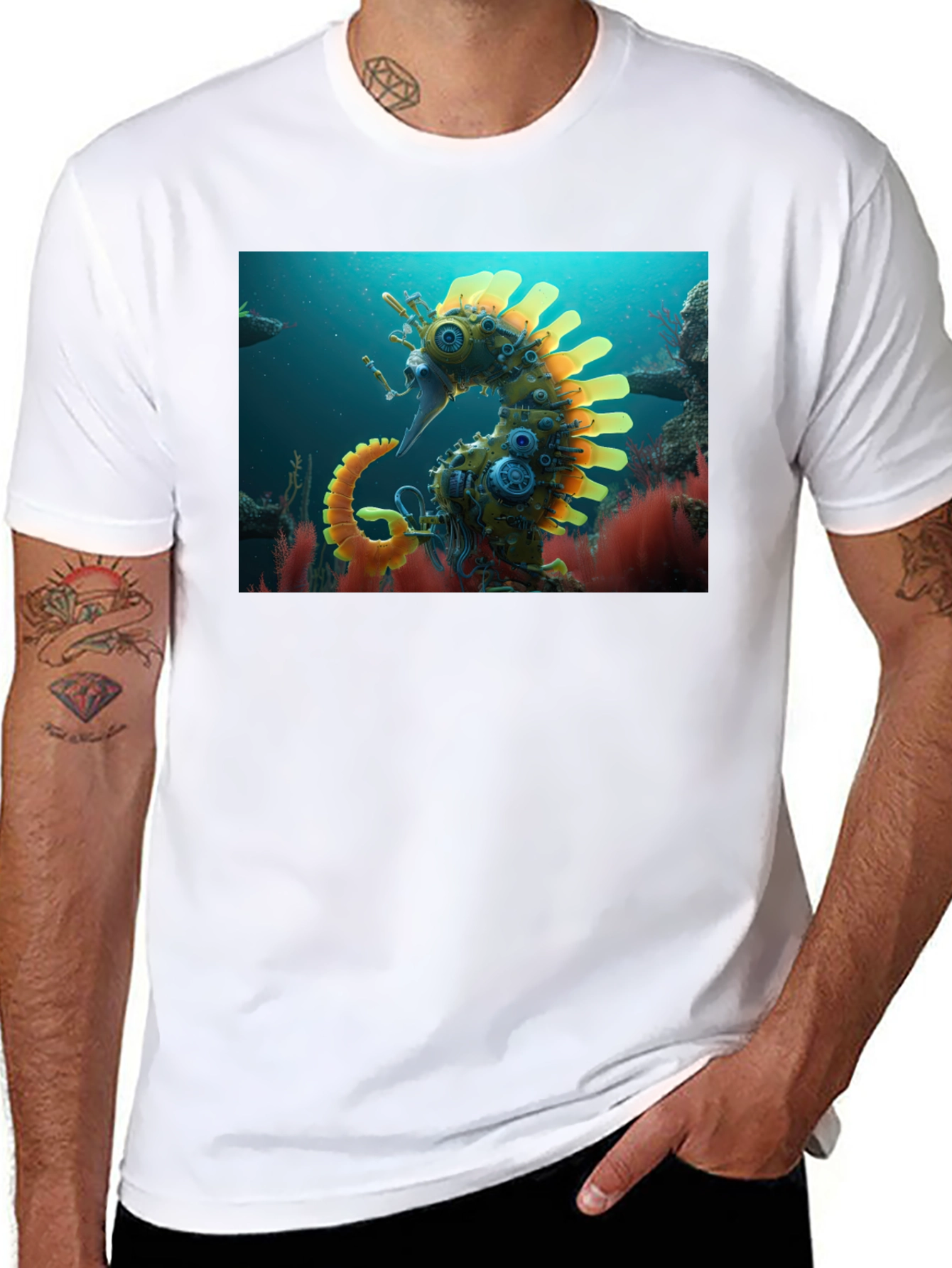 Steampunk Seahorse Graphic Tee - Unique Art Shirt