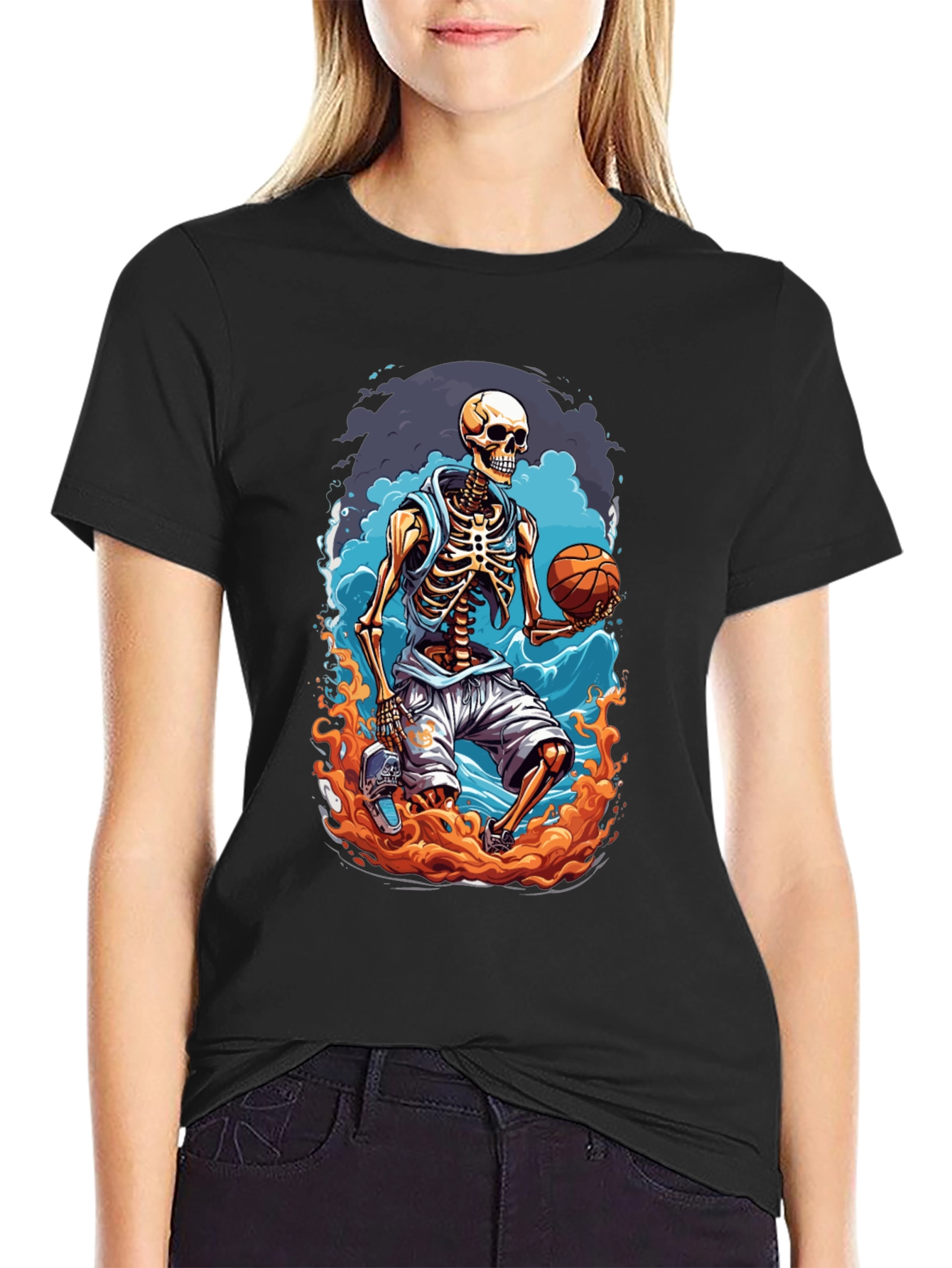 Skeleton Basketball Player Graphic T-Shirt
