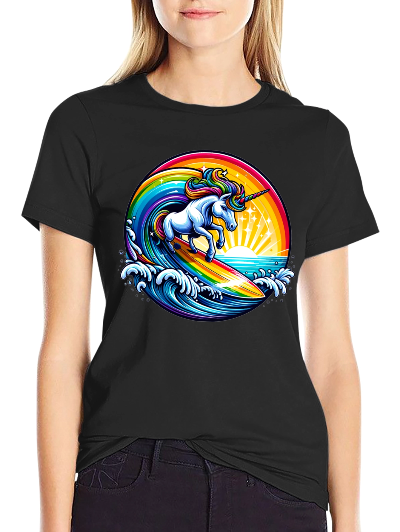 Surfing Unicorn Rainbow Graphic T-Shirt