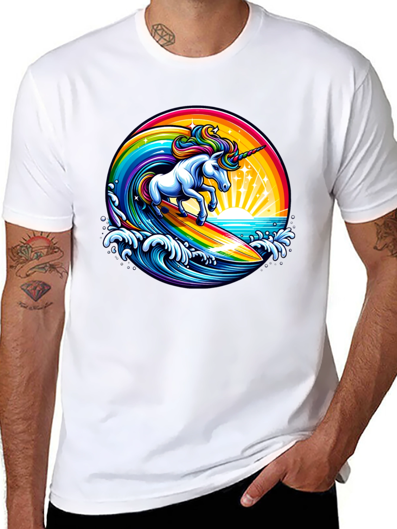 Surfing Unicorn Rainbow Graphic T-Shirt