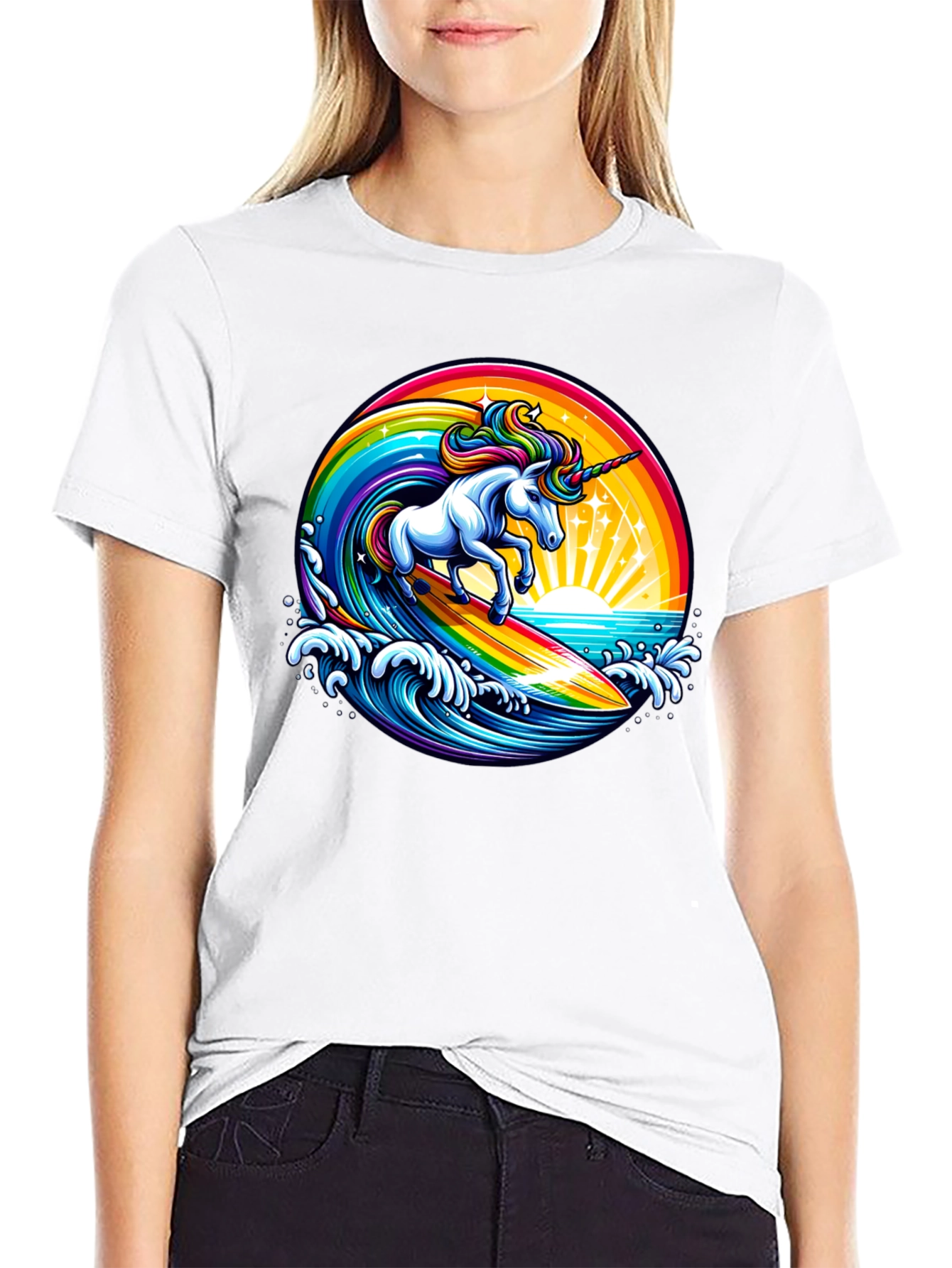 Surfing Unicorn Rainbow Graphic T-Shirt