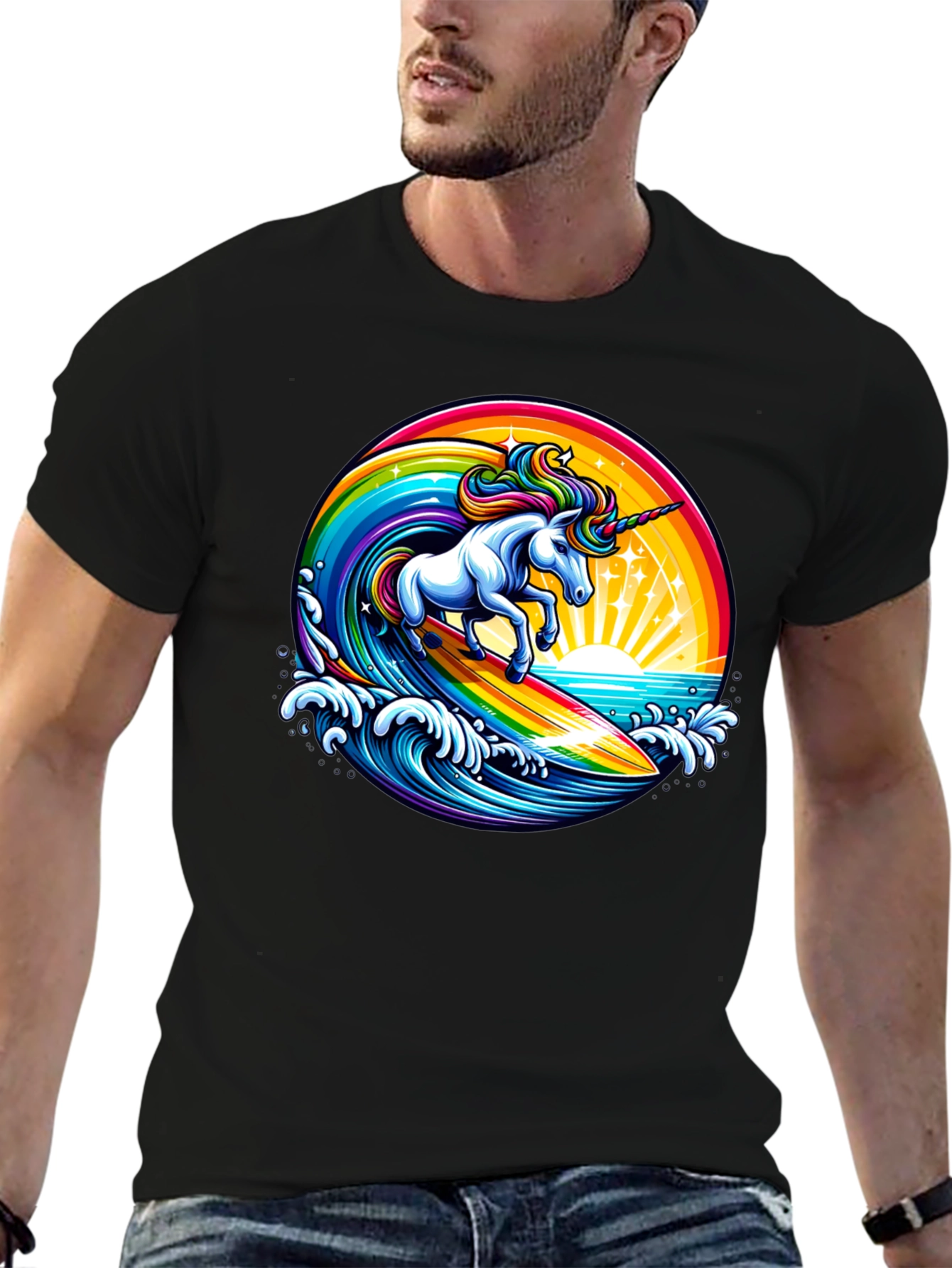 Surfing Unicorn Rainbow Graphic T-Shirt