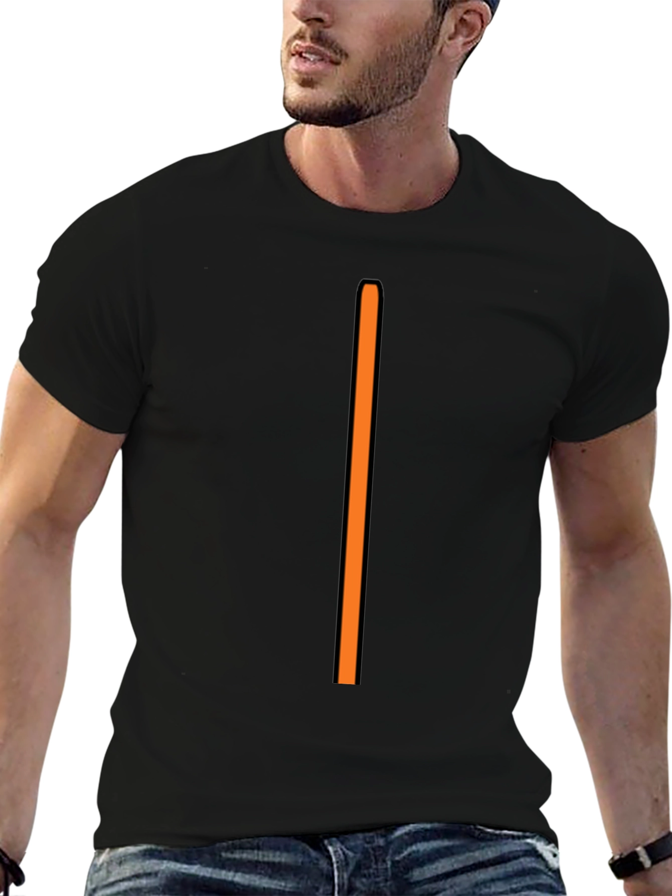 Mens Black T-Shirt with Vertical Orange Stripe
